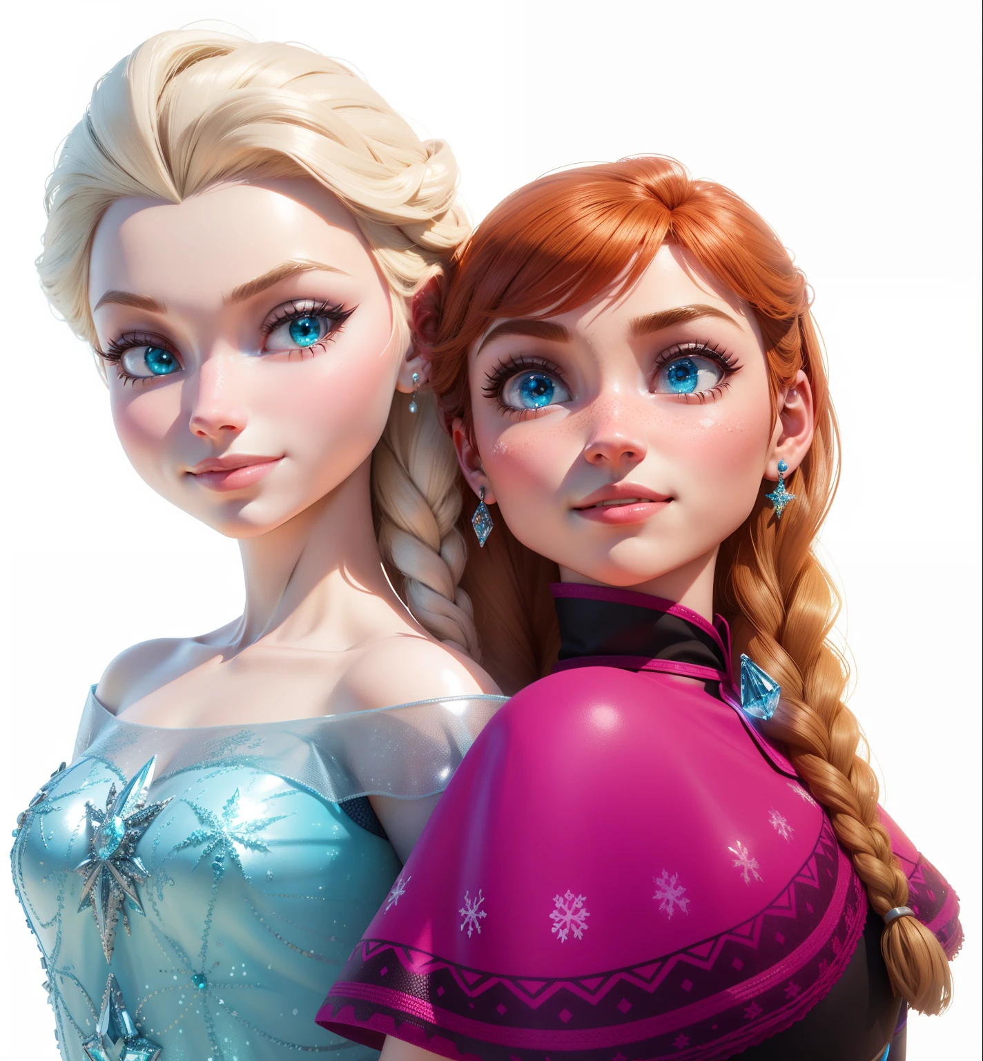 MAGEM 3D, cinematic lighting, ALTA QUALIDADE, BRINQUEDO, DISNEY, FROZEN, ELSA, ANNA, ALEGRES, SORRINDO, ALTAMENTE DETALHADO, DETALHES NITIDOS