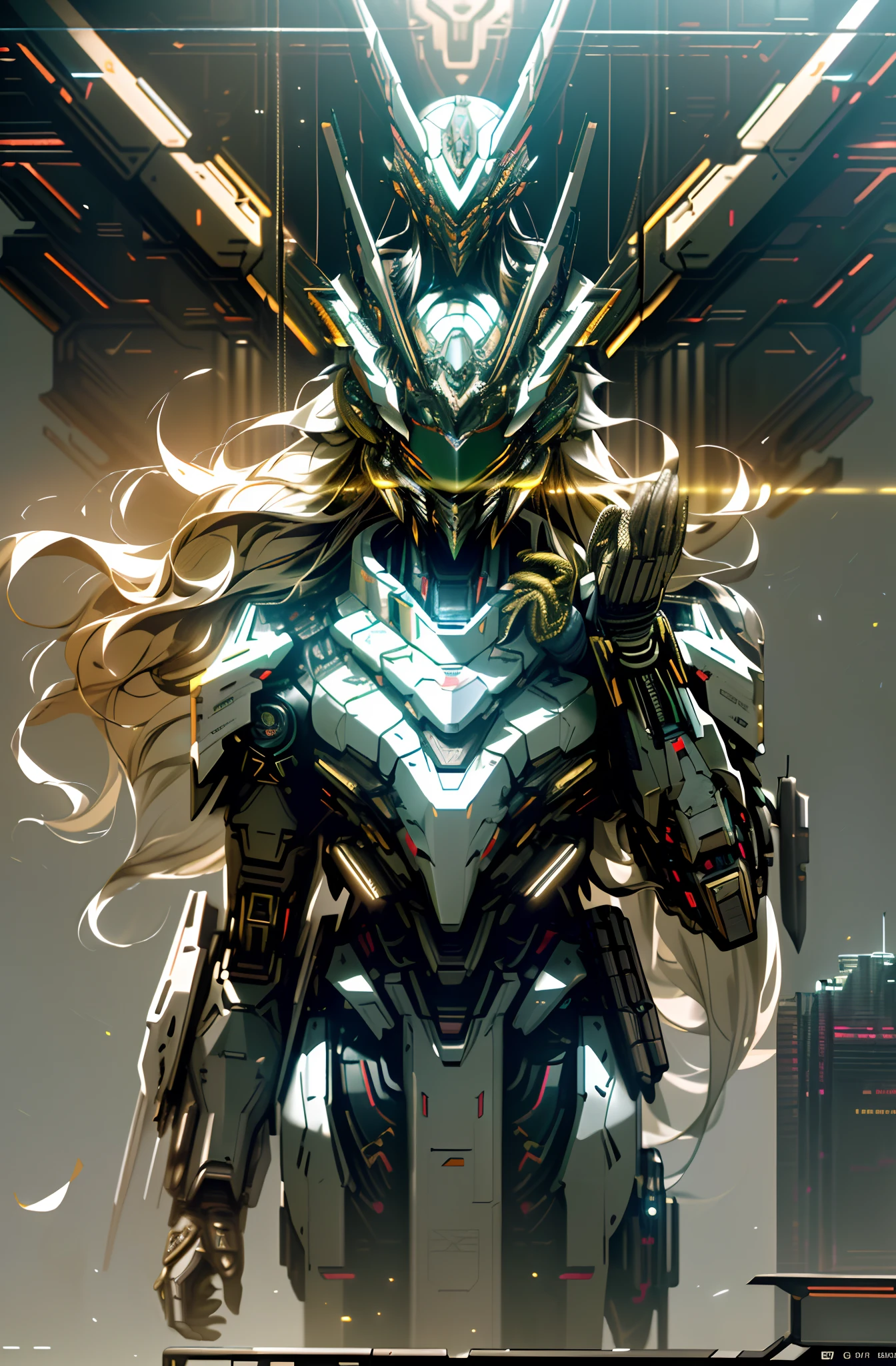 Masterpiece, Best quality, High quality, (Futuristic:1.1), (Cyberpunk costumes), Cinematic lighting, (Exquisite futuristic), Beautiful and beautiful, Ultra detailed, Great composition, floating, depth of field, (Very detailed CG, Unity 8k wallpaper), (Beautiful detail background), Beautiful hair details, dramatic lighting, GOGETTA, mecha, hands raised above your head