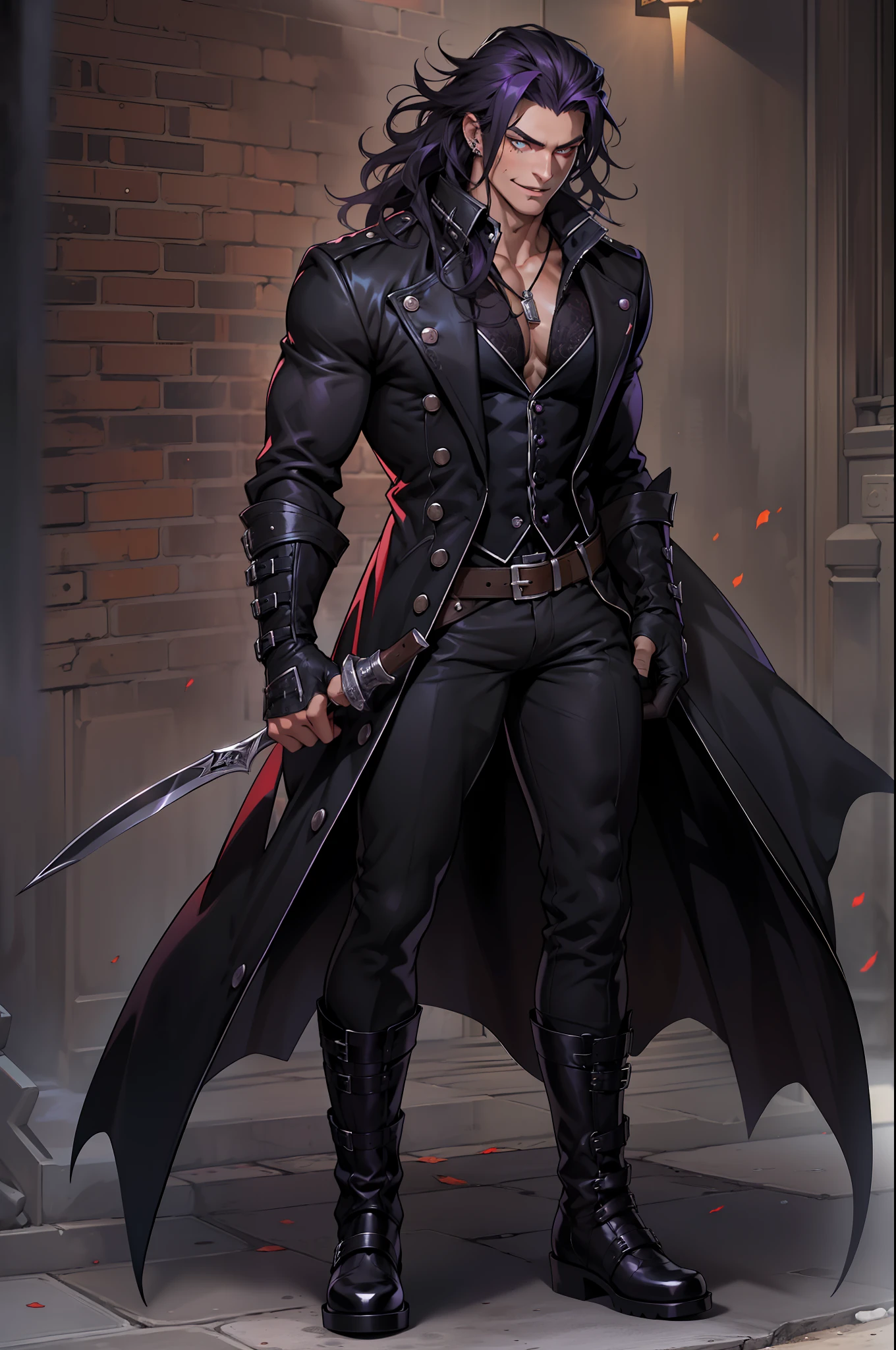 Handsome male. Dark silky purple hair, amber eyes, lean and muscular build, with a sharp jawline and a devilish smile. I'm dressed in fine black clothes and have a silver stake tucked in my sleeve. Vampire. Bara. Bulge in pants. Black boots. Piercings. Wavy hair. Freckles. Dimples. Brown skin, costume of vampire hunter, hat