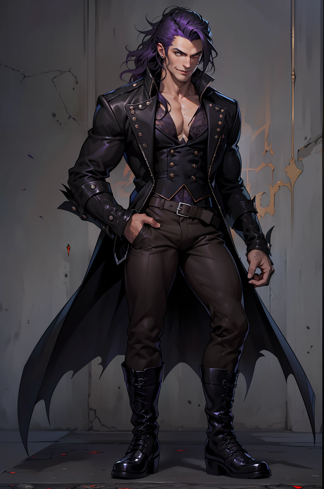 Handsome male. Dark silky purple hair, amber eyes, lean and muscular build, with a sharp jawline and a devilish smile. I'm dressed in fine black clothes and have a silver stake tucked in my sleeve. Vampire. Bara. Bulge in pants. Black boots. Piercings. Wavy hair. Freckles. Dimples. Brown skin, costume of vampire hunter, hat