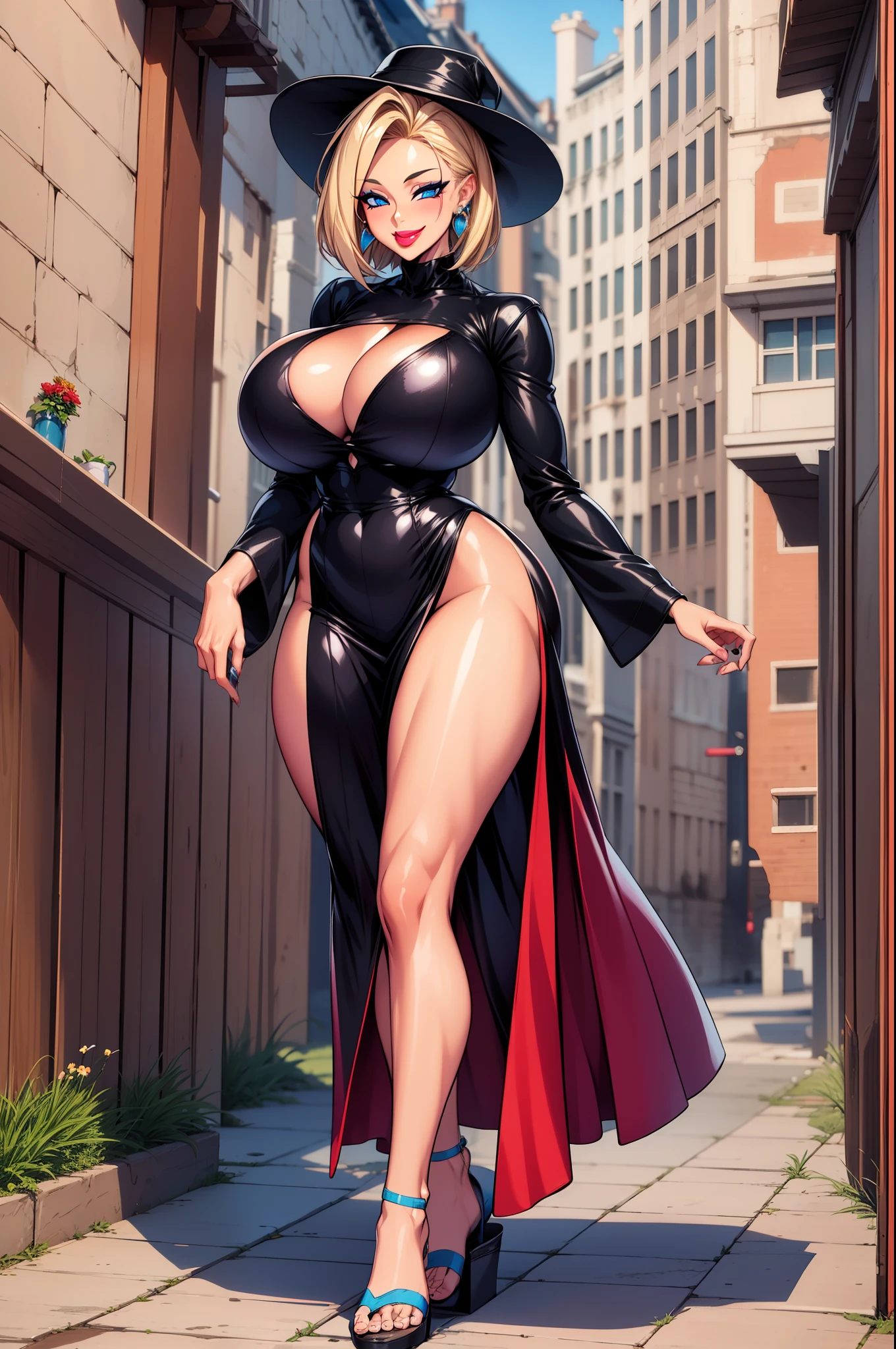 ,bimbo, slim waits, short hair, lipstick, wide hips, huge breasts, , huge breasts, milf,blonde hair, short hair, lipstick, makeup, , (blue eyes), perfect eyes, earrings, smiling, blushing, walking, long dress, priestess, pullover, , walking flipflops, long skirt, medieval clothing, solo, floral crow, staff, wizard, full body, flipflops