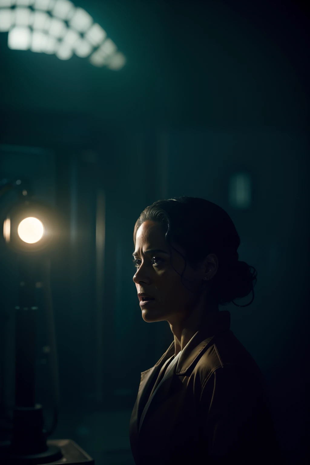 Sci Fi Horror terrified Paula patton as a scientist working on Ishimura Haunted Ship photography, natural light, photorealism, cinematic rendering, ray tracing, the highest quality, the highest detail, Cinematic, Third-Person View, Blur Effect, Long Exposure, 8K, Ultra-HD, Natural Lighting, Moody Lighting, Cinematic Lighting