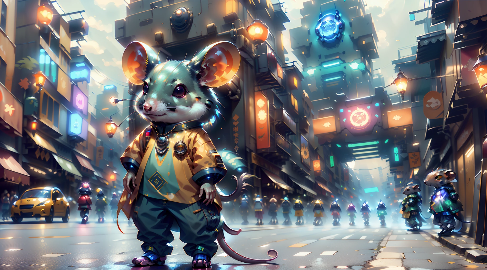 There is a cartoon mouse dressed in a plastic coat, cotton shirt and jeans on a street full of people moving, carros voadores, Cyberpunk Mouse Folk Engenheiro, anthropomorphic mouse, Rato Maplestory, an anthropomorphic gangster rat, bonito 3 d render, rato ciborgue, anthropomorphic gangster rat, Wojtek FUS, Steampunk Rata, 3 d render stylized, An anthropomorphic mouse,Hiper-realista 8K IMAX, CG hiper-realista, Texures de 8k, Imagem hiperrealista 8K