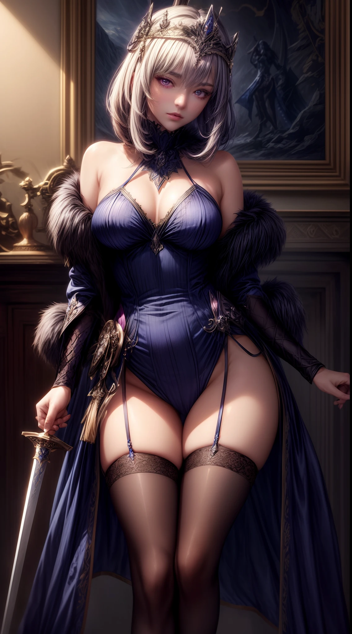 dark ultramarine blue warrior queen in mantle with sword, satin, fur, (stockings), decollete, natural breasts, slim body, zettai ryouiki, medium length hair, beautiful detailed magenta eyes, portrait, most realistic, highest quality, best pixels, 8k ultra