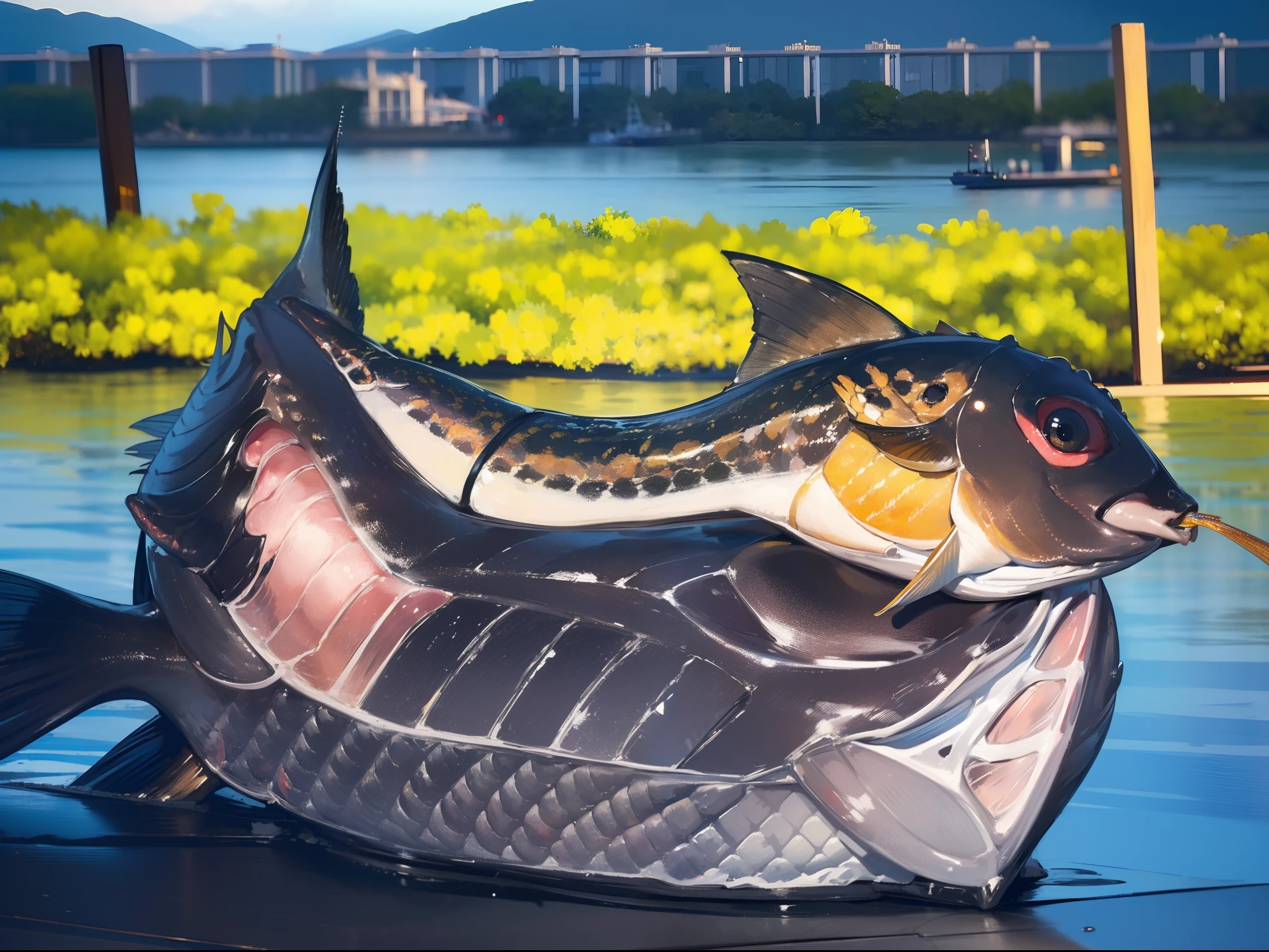 ((((Catch a big black bass by the lakeside:1.5)))),((1 Female 22 years old))((Best Quality, masterpiece :1.5)),(((Hands with the correct number and structure of fingers:1.4))),hight resolution,ultra-detailliert,masterpiece,best qualtiy,,Black hair, long eyeslashes, Solid Circle Eyes, Smiling Woman, drop shadow, Atmospheric perspective,Super Detail, ccurate, small brest,(Black jacket :1.1),top-quality, blurry backround, bokeh dof:1.2, (masterpiece:1.3), Atmospheric perspective,Super Detail,dynamic compositions