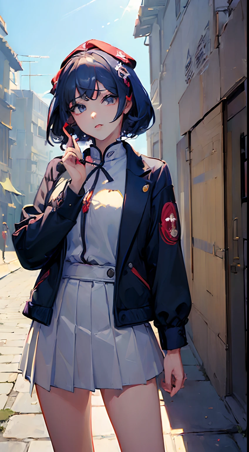(Masterpiece:2.0), ((Best quality)), ((perface face: face, Mouth, Fingers, Eyes, Hair))1 woman, Wear a random jacket, Skullcap, Short skirt, ((Architectural background)), Standing in the courtyard of the building, Clear sky, Clouds, Sky details, Realistic sun, Sun reflection, Other details, ((Perfect other details)), (超高分辨率:1.5)