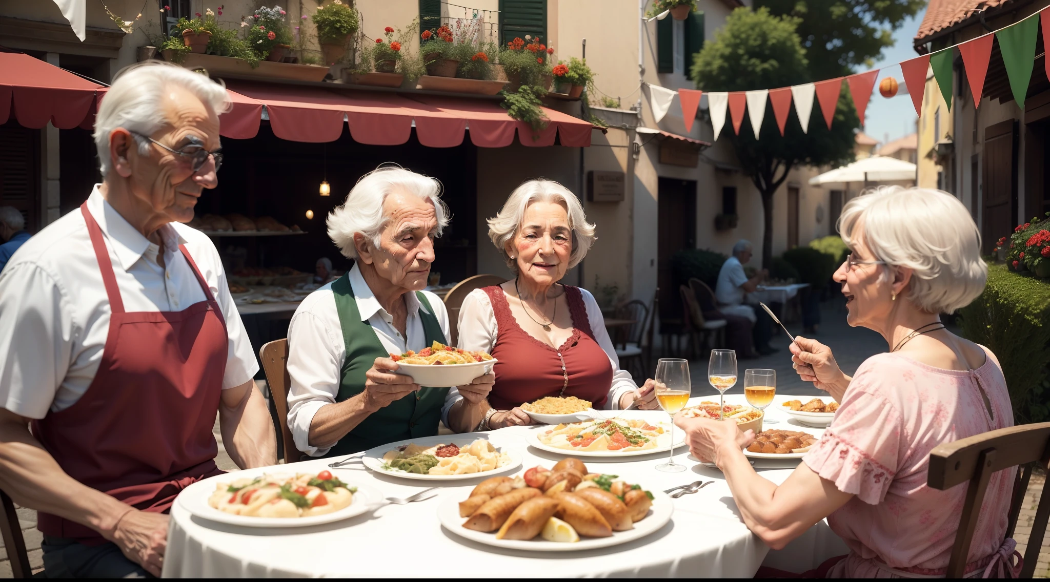 Italian seniors, celebrate, typical Italian feast, food, festival decoration, Italian scene, outdoors, trees, flowers,