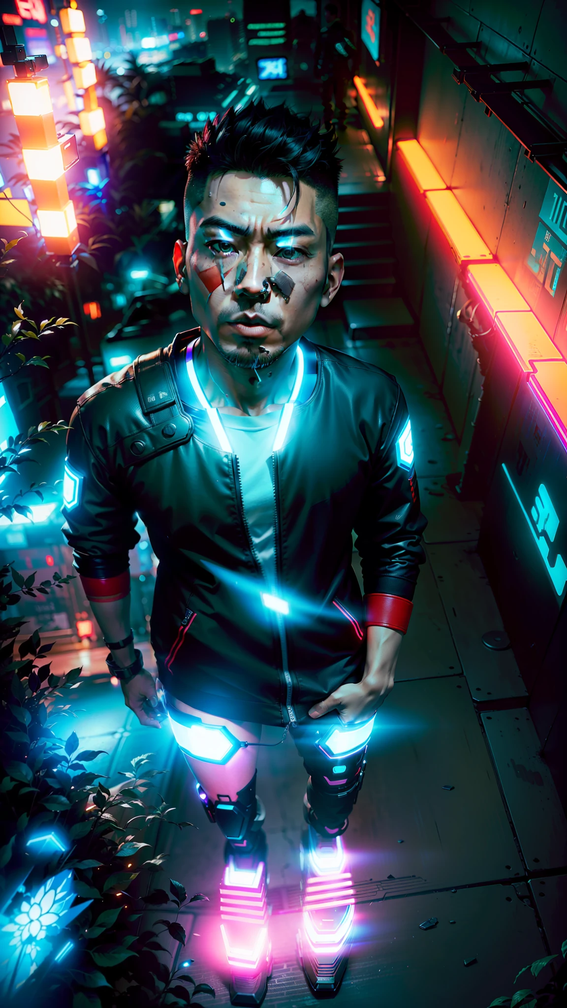 Create an Asian man cyberpunk style, futuristic background, short hair, futuristic clothes, (best quality), ((1:1 resolution), (face centered in the center of the image), avatar photo only, (head + shoulders), 8k resolution, realistic photo, neon lights, (technology elements), (film grain).