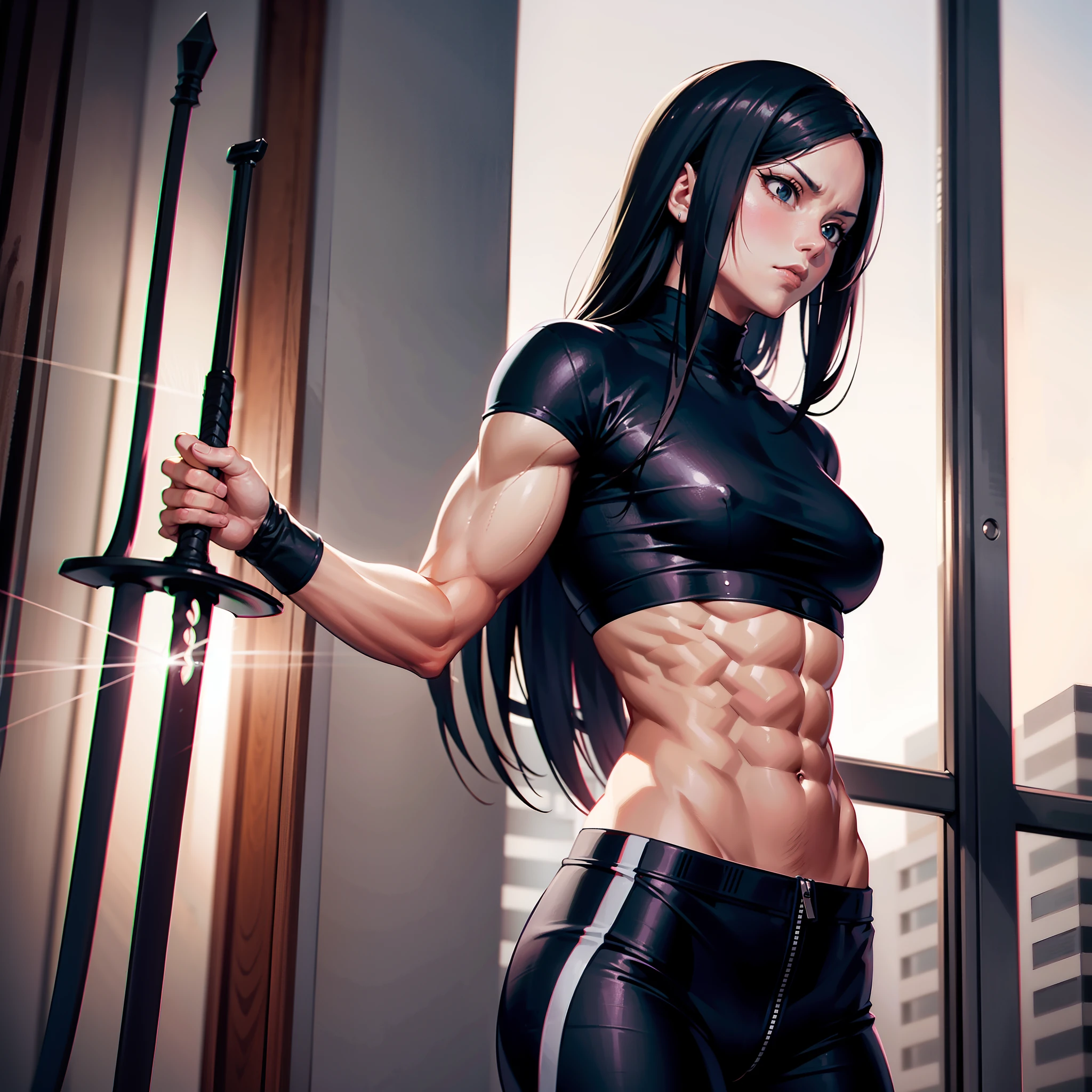 An illustration of a white woman with long black hair, usando uma roupa jounin do anime Naruto, roupa preta, corpo musculoso, Muscle, forte, corpo forte, bodybuilder, olhos brancos, murderous expression, solo, age group 25 years, a sword in each hand. Illustration inspired by: Masashi Kishimoto. Temperatura de cor: Tons Cool. face expression: Serious. The lighting: macio, luz difusa. atmosfera: Intenso e determinado.--v 5 --estilize 1000 --niji 5