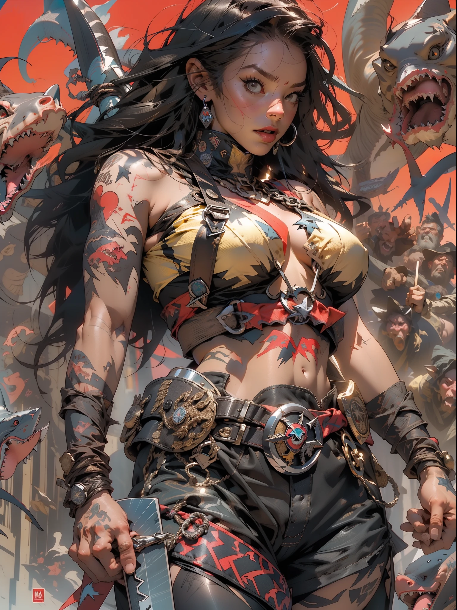 (((mulher))), (((melhor qualidade))), (((obra prima))), (((adulta))), Uma guerreira mulher de 35 anos com corpo perfeito, Brooklyn Gladiators, (( under boobs )), quase nua no estilo selvagem urbano de Simon Bisley para a capa da revista Heavy Metal, cabelo loiro, Minimum clothing, ((( P40 tomahawk shark mouth graphics ))), armadura, cheio de pontas e rebites, tatuagem tribal, (((do joelho pra cima))), cabelo desalinhado