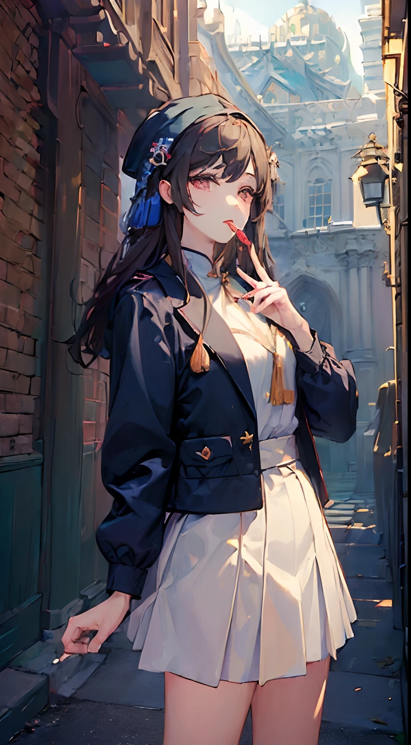 (Masterpiece:2.0), ((Best quality)), ((perface face: face, Mouth, Fingers, Eyes, Hair))1 woman, Wear a random jacket, Skullcap, Short skirt, ((Architectural background)), Standing in the courtyard of the building, Clear sky, Clouds, Sky details, Realistic sun, Sun reflection, Other details, ((Perfect other details)), (超高分辨率:1.5)