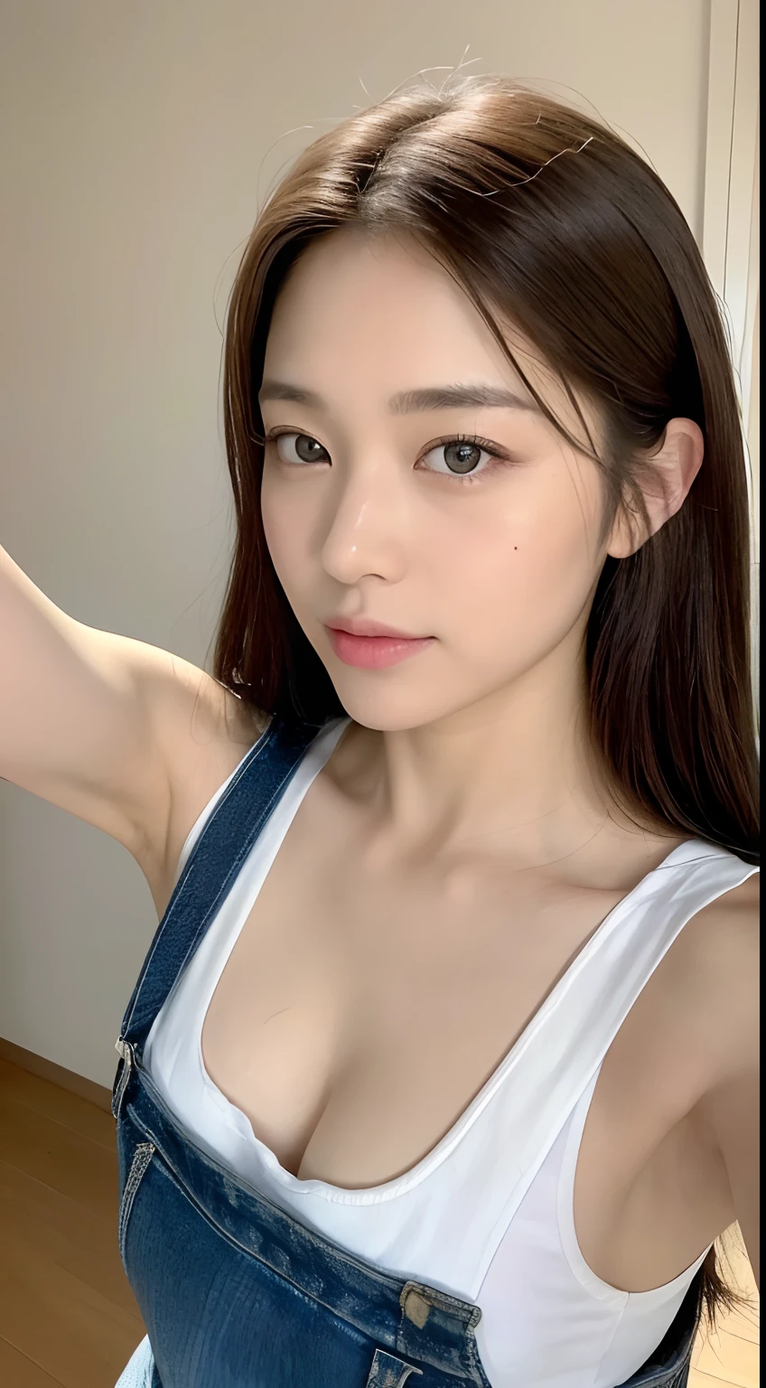 ((top-quality、8K、masterpiece:1.3))、Crisp focus:1.2、Beautiful Women in Perfect Style:1.4、Slender Abs:1.2、((dark brown hair、Beautiful breasts:1.2))、(pinafore:1.1)、koi:1.2、Highly detailed facial and skin texture、A detailed eye、二重まぶた、selfee、kitchin