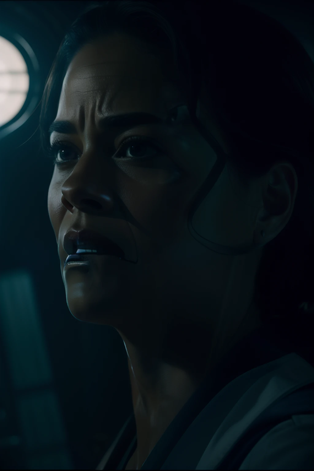 Sci Fi Horror terrified Paula patton as a scientist working on Haunted Ishimura Ship photography, natural light, photorealism, cinematic rendering, ray tracing, the highest quality, the highest detail, Cinematic, Third-Person View, Blur Effect, Long Exposure, 8K, Ultra-HD, Natural Lighting, Moody Lighting, Cinematic Lighting