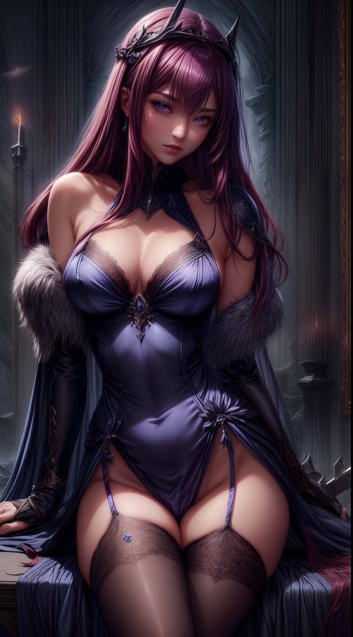 dark ultramarine blue warrior queen in mantle with hem, with sword, satin, fur, (stockings), decollete, natural breasts, slim body, zettai ryouiki, medium length dull scarlet hair, beautiful detailed magenta eyes, portrait, most realistic, highest quality, best pixels, 8k ultra