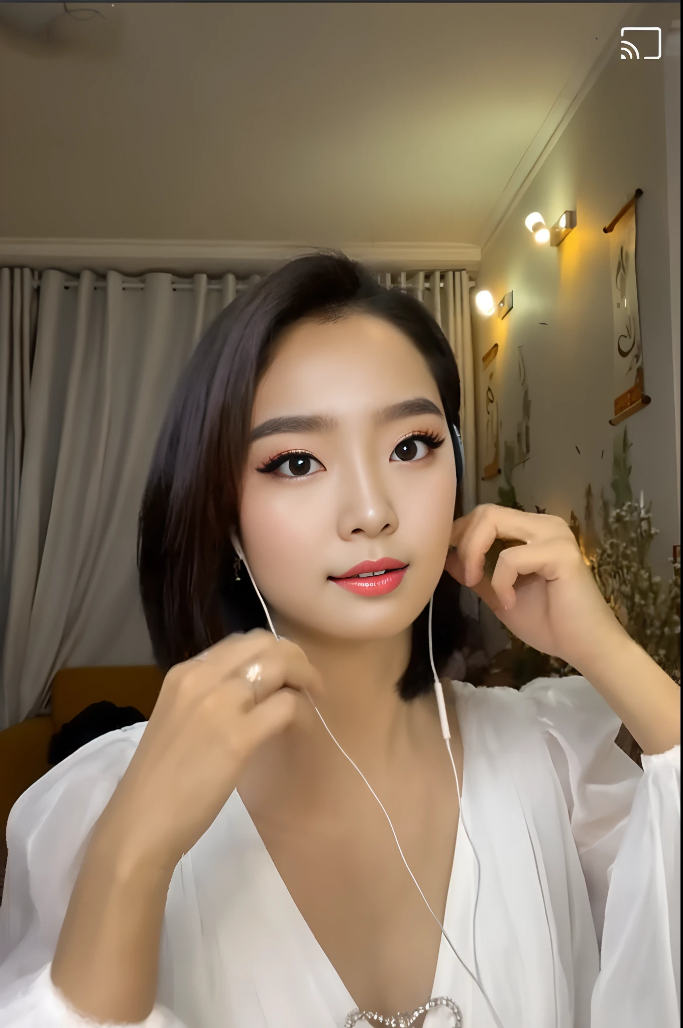 beautiful south korean woman, popular south korean makeup, with headphones, young adorable korean face, korean woman, popular korean makeup, wan adorable korean face, beautiful young korean woman, korean girl, gorgeous young korean woman, innocent, jade green eyes
