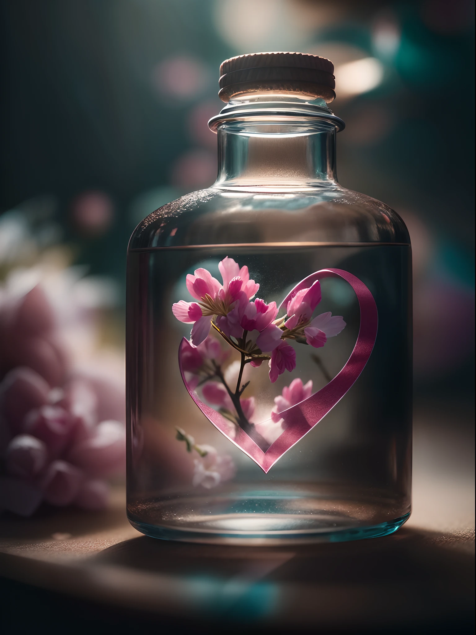 sakura Heart in a bottle, fluffy, realistic, atmospheric light refraction, by lee jeffries nikon d850 film stock photograph 4 kodak portra 400 camera f1.6 lens rich colors hyper realistic lifelike texture dramatic lighting unreal engine trending on artstation cinestill 800, Style-Glass