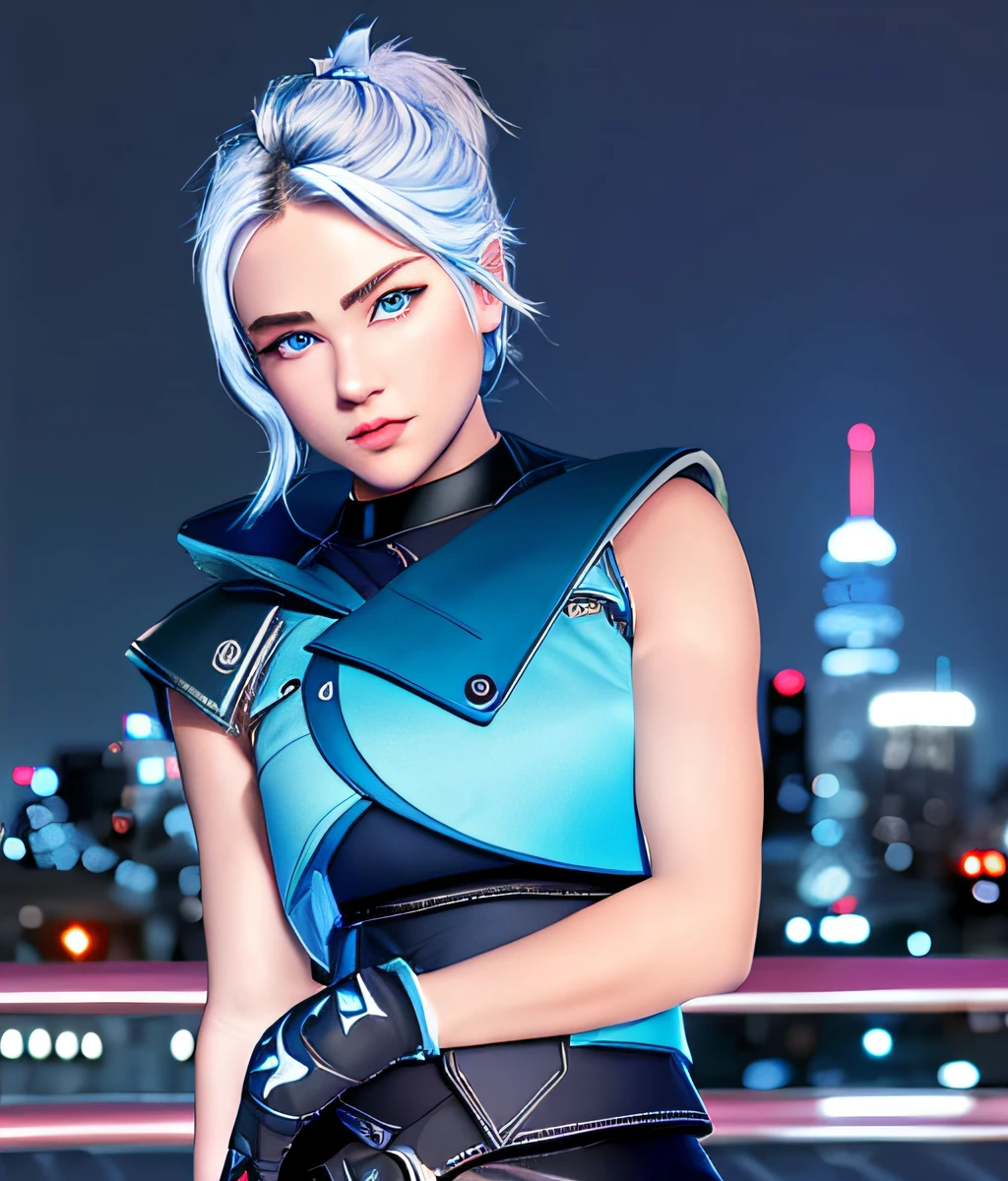 RAW photo, photorealistic,masterpiece,best quality,masterpiece, jett, ((flat chest)), upper body, 1girl, solo, blue eyes, gloves, cityscape, night