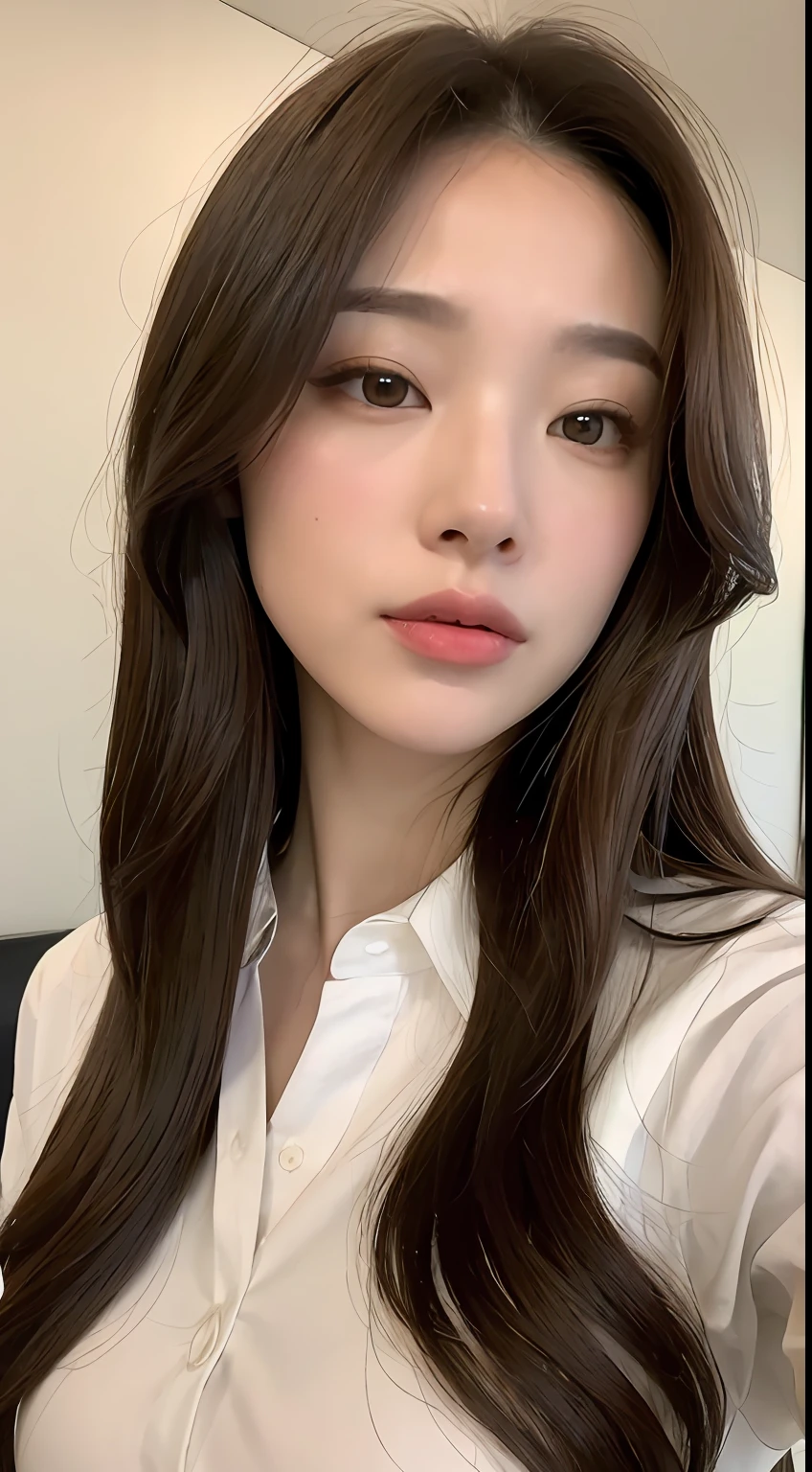 ((top-quality、8k、masterpiece:1.3))、Crisp focus:1.2、Beautiful Women in Perfect Style:1.4、Slender abs:1.2、((Dark brown hair、Beautiful breasts:1.2))、(White button-up long shirt:1.1)、Love:1.2、Highly detailed facial and skin texture、A detailed eye、二重まぶた