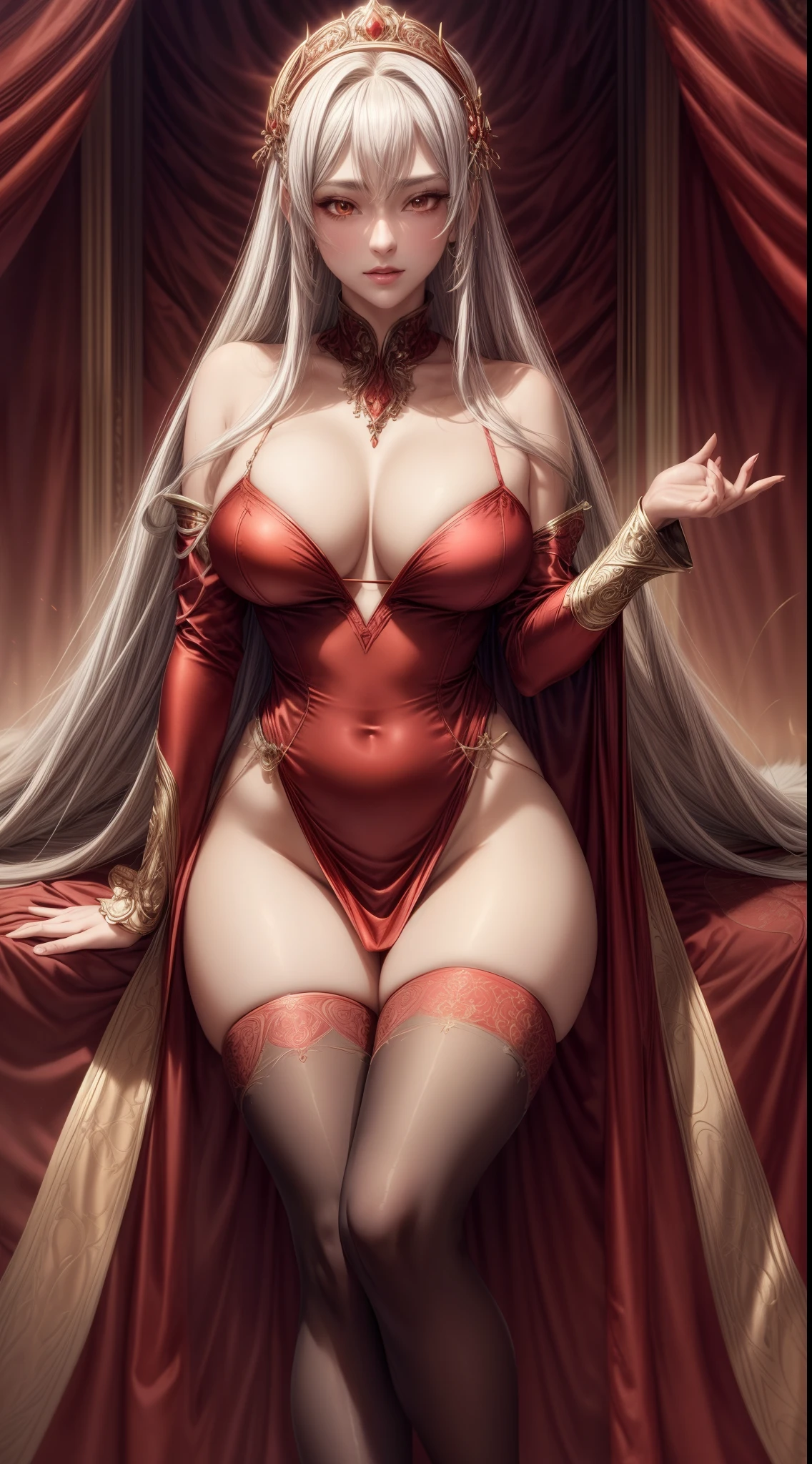 silver goddess in flame-red cloth with golden lines accents, satin, fur, (stockings), decollete, natural breasts, slim body, zettai ryouiki, medium length hair, beautiful detailed eyes, portrait, most realistic, highest quality, best pixels, 8k ultra