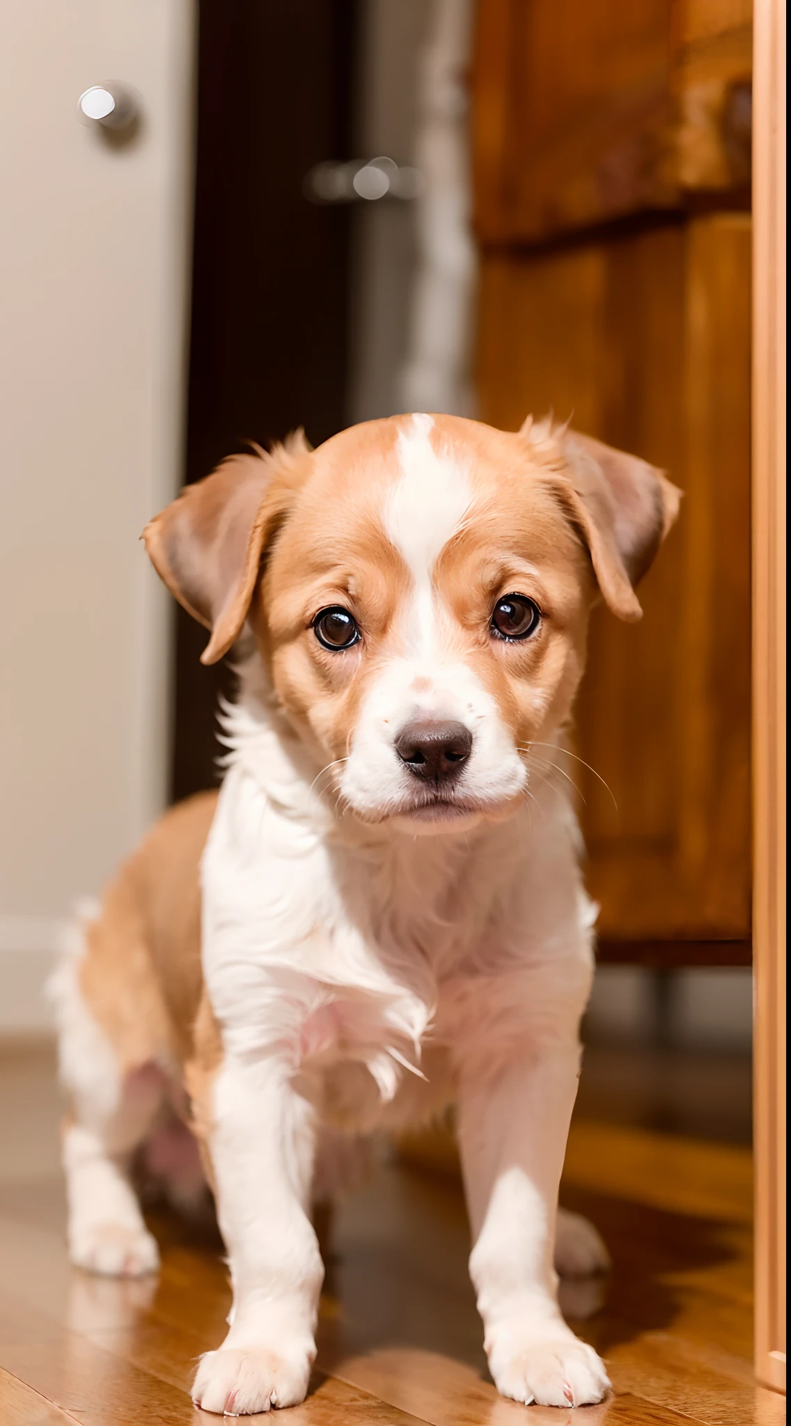 (8K UHD、RAW Photography、Photorealsitic:1.5、Digital SLR、Lifelike images)、(A young turf dog with an adorable expression、kawaii、Has a small、Looking at the camera)、(Body with trimmed brown fur、Very delicate、detaile)、(Lying down、Front angle、Write)、(In the apartment、wood floor、white walls)