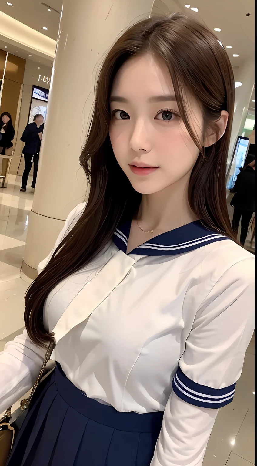 ((top-quality、8K、masterpiece:1.3))、Crisp focus:1.2、Beautiful Women in Perfect Style:1.4、Slender Abs:1.2、((dark brown hair、Beautiful breasts:1.2))、(a sailor suit:1.1)、koi:1.2、Highly detailed facial and skin texture、A detailed eye、二重まぶた、selfee、mall、