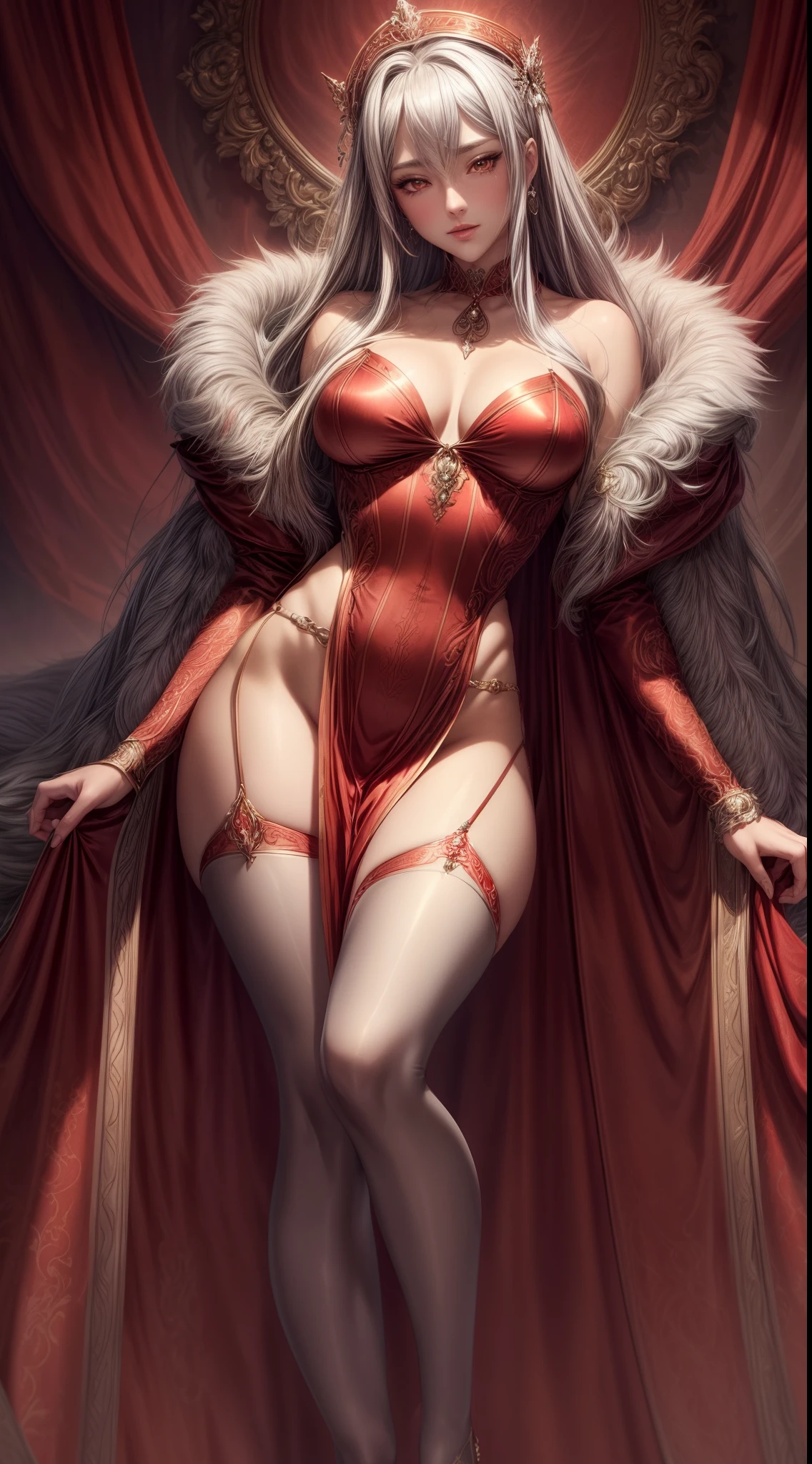 silver goddess in flame-red cloth with golden lines accents, satin, fur, (stockings), decollete, natural breasts, slim dark silver body, zettai ryouiki, medium length hair, beautiful detailed eyes, portrait, most realistic, highest quality, best pixels, 8k ultra