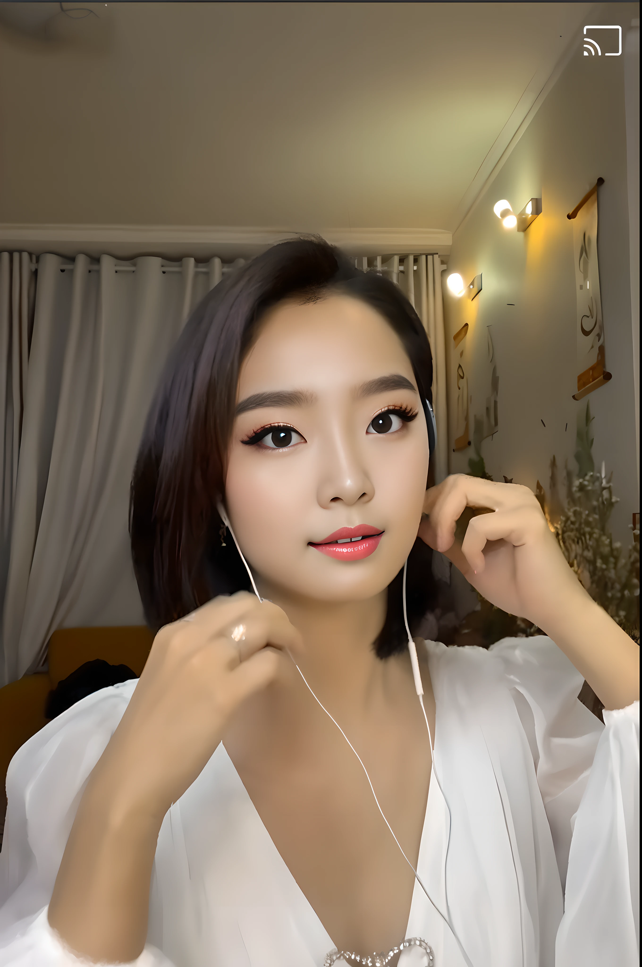 beautiful south korean woman, popular south korean makeup, with headphones, young adorable korean face, korean woman, popular korean makeup, wan adorable korean face, beautiful young korean woman, korean girl, gorgeous young korean woman, innocent, jade green eyes