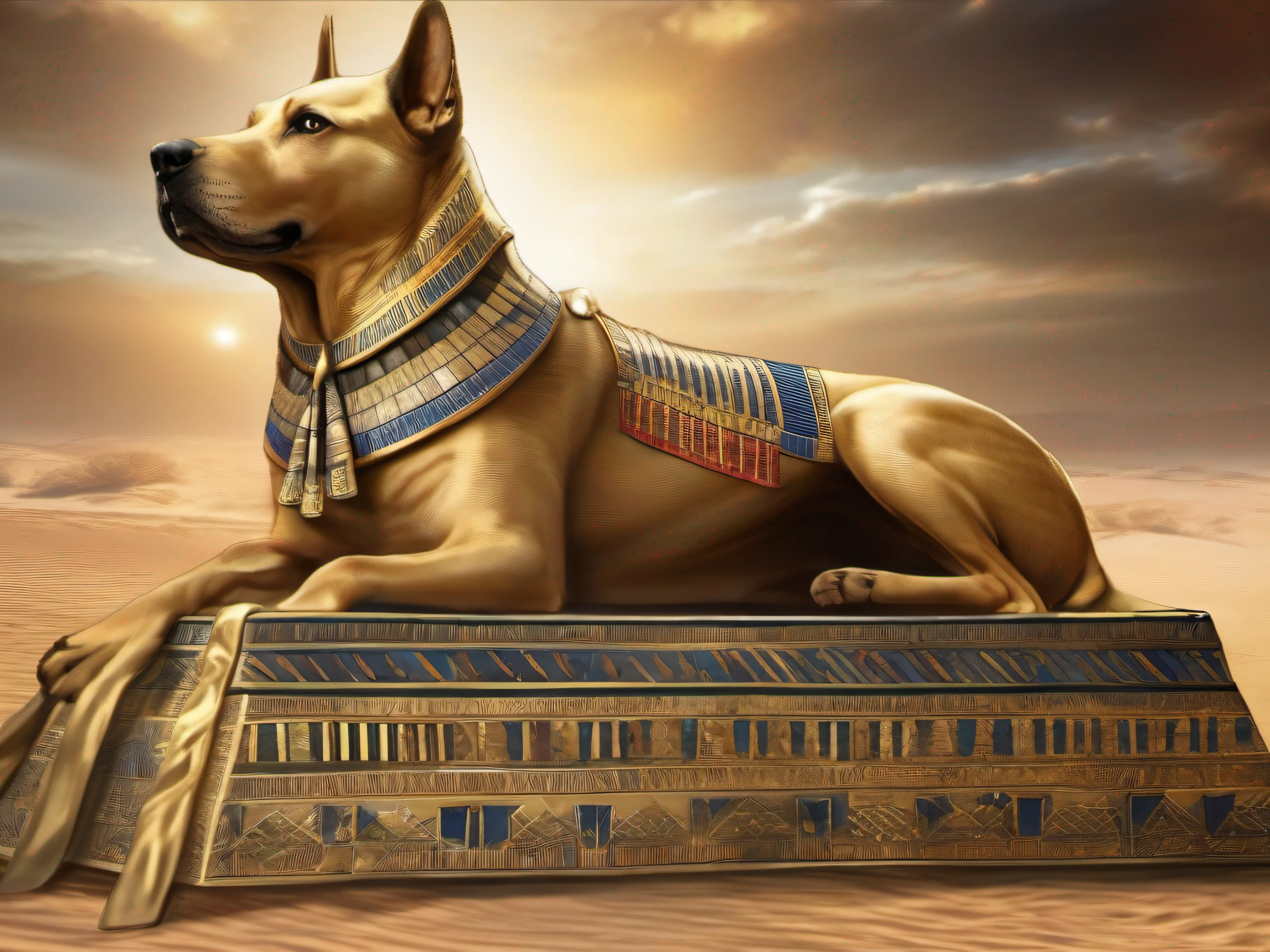 A dog-man hybrid being is an Egyptian god and is making a common dog throne pharaoh, a very realistic and divine image in ancient Egypt.

Divine image, religious, realistic, high definition.