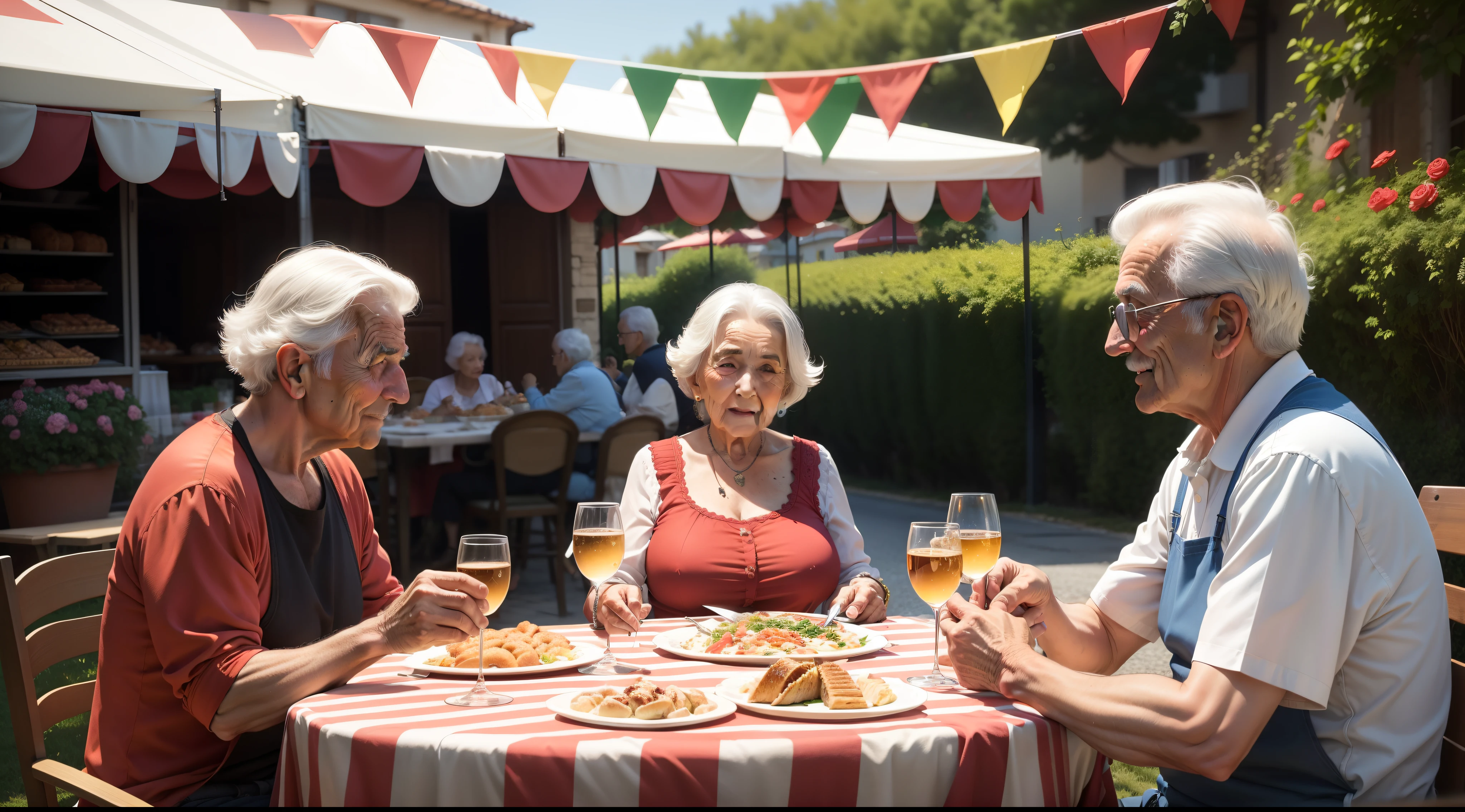 Italian seniors, celebrate, typical Italian feast, food, festival decoration, Italian scene, outdoors, trees, flowers,
