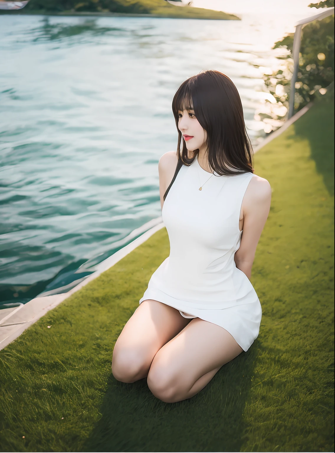 Arakfi sitting on the grass by the water in a skirt, see through dresses, Tight dress, sun yunjoo, Gorgeous lady, Korean girl, Sexy dress, Choi Hyun-hwa, lalisa manobal, Green dress, park jimin, chiho, Translucent dress, bae suzy, at the waterside, beautiful Korean women