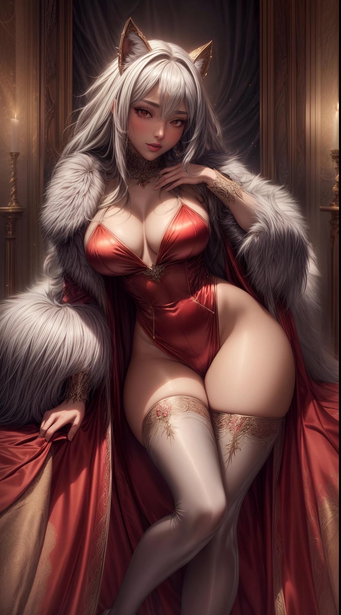 silver goddess in flame-red fluffy cloth with golden lines accents, satin, fur, (stockings), decollete, natural breasts, slim body,, dark silver skin, zettai ryouiki, medium length hair, beautiful detailed eyes, portrait, most realistic, highest quality, best pixels, 8k ultra