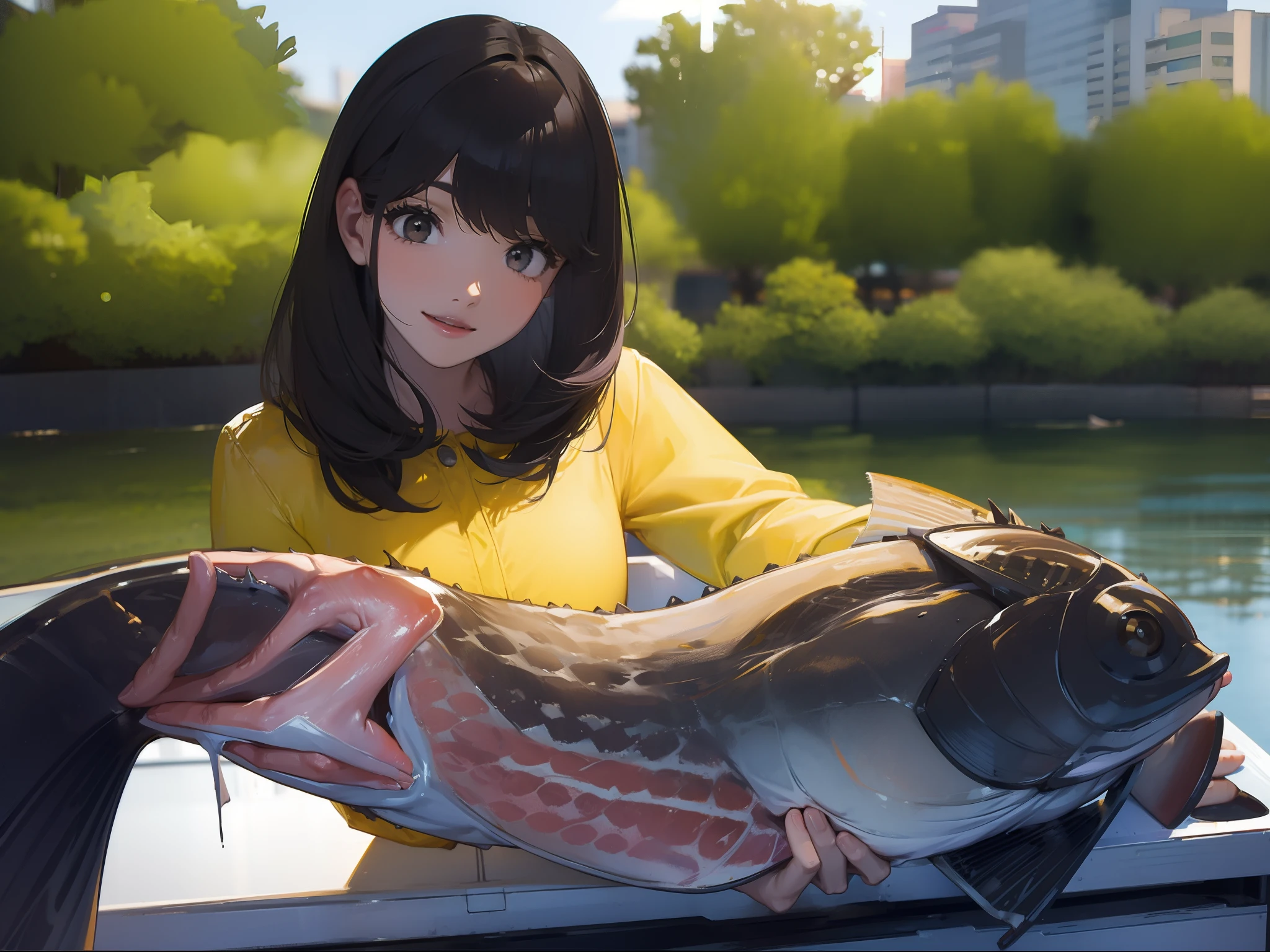 ((((Catch a big black bass by the lakeside:1.5)))),((1 Female 22 years old))((Best Quality, masterpiece :1.5)),(((Hands with the correct number and structure of fingers:1.4))),hight resolution,ultra-detailliert,masterpiece,best qualtiy,,Black hair, long eyeslashes, Solid Circle Eyes, Smiling Woman, drop shadow, Atmospheric perspective,Super Detail, ccurate, small brest,(Black jacket :1.1),top-quality, blurry backround, bokeh dof:1.2, (masterpiece:1.3), Atmospheric perspective,Super Detail,dynamic compositions
