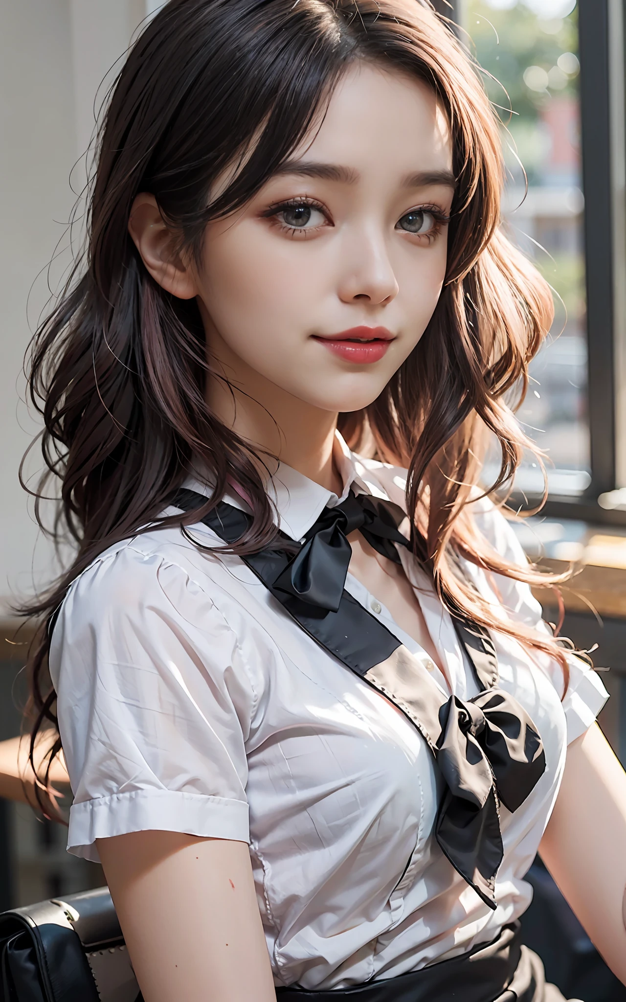 ((Large breasts)), ((18 years old,)), ((Very small head)), Cute Girl, Daylight, Sunlight, Bright light, (Perfect body : 1.1), (fullllbody), (short wavy hair:1.2, dark-colored hair, Pink and blue mesh hair, Thin mesh), Full body shot, (School uniform), (White blouse), (Red bow tie), (pleatedskirt), (Black stockings), (Very detailed CG 8k wallpaper), (extremely delicate and beautiful), (masutepiece), (Best Quality:1.0), (超A high resolution:1.0), (realisitic), beautiful lightning ,Perfect Lightning, Realistic Shadows, (High resolution), Detailed skin, Ultra-detailed, Slim body), (Beautiful hair, Real Hair, detailed hairs), Fine Collarbone, Beautiful breasts, blush, Photorealistic, Realistic face, Beautiful face, Cute face, Realistic eyes, drooing eyes, Happy smile, pale pink lips, thin lips, (eye liner), (mascara), (eye shadow), (in class room), happy smile,