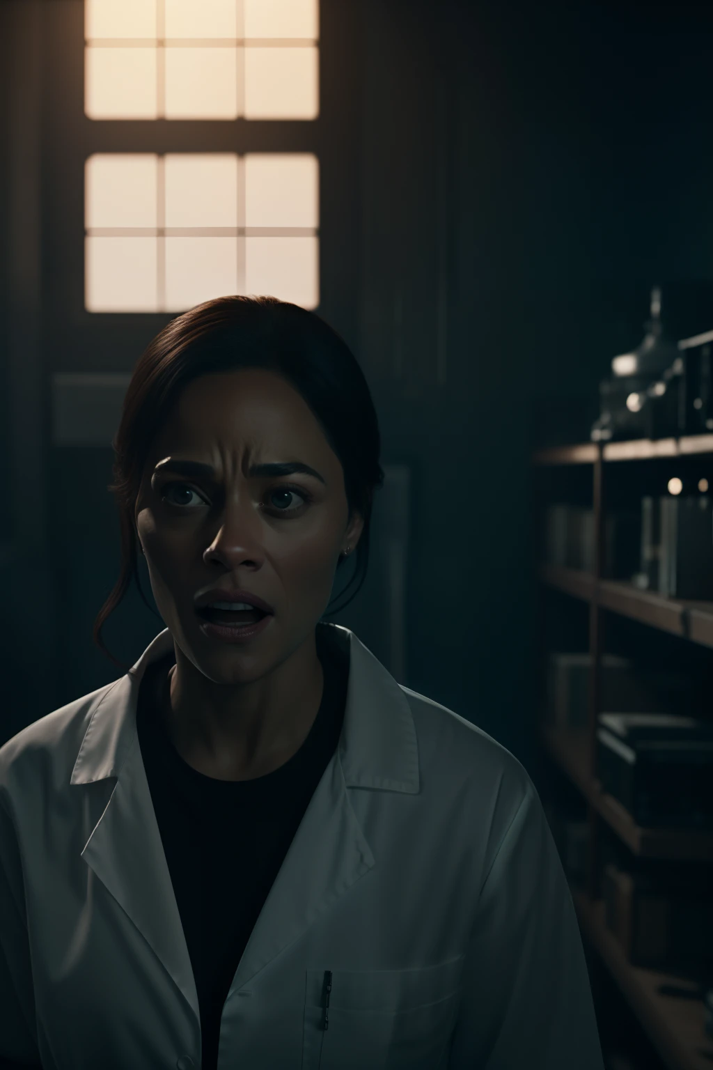 Sci Fi Horror terrified Paula patton as a scientist working on Haunted Ishimura Ship photography, natural light, photorealism, cinematic rendering, ray tracing, the highest quality, the highest detail, Cinematic, Third-Person View, Blur Effect, Long Exposure, 8K, Ultra-HD, Natural Lighting, Moody Lighting, Cinematic Lighting