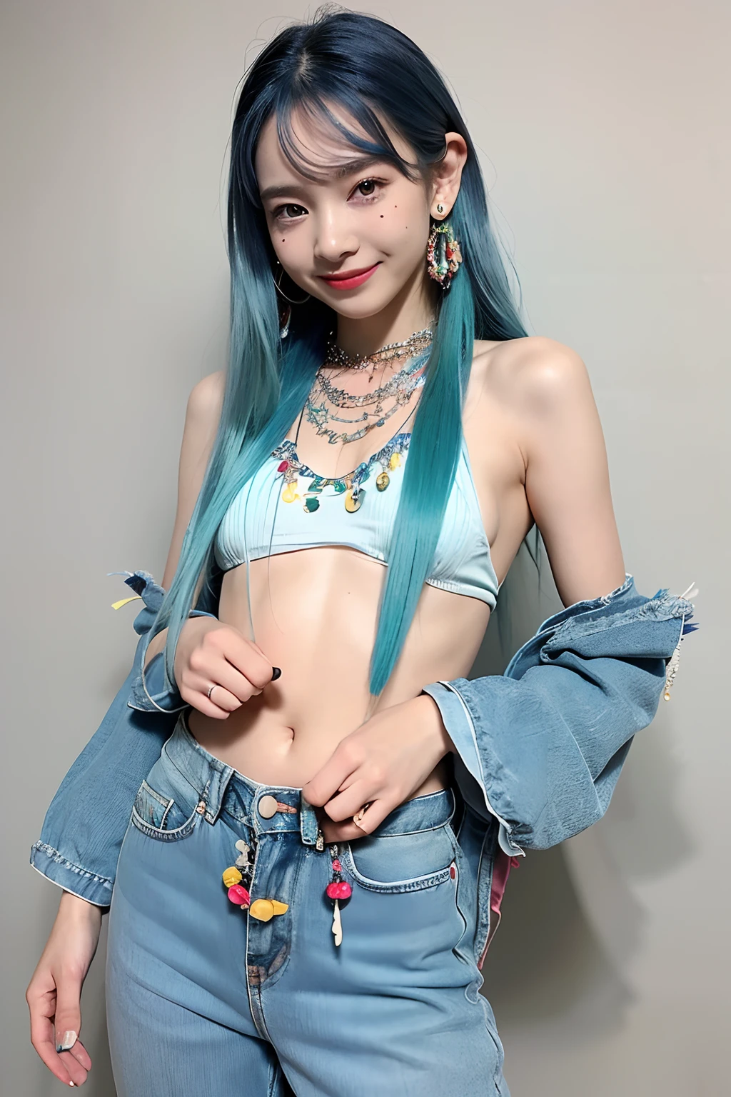(extra detailed body、extra detailed face、best qualtiy:1.2)、femele、looking at the viewers、(lightblue hair、Flashy clothes、12year old、a smile、Feather piercings down to below the shoulders、hippy、hair adornments、Fancy Necklaces、bell-bottoms)、(woodstock:1.4)