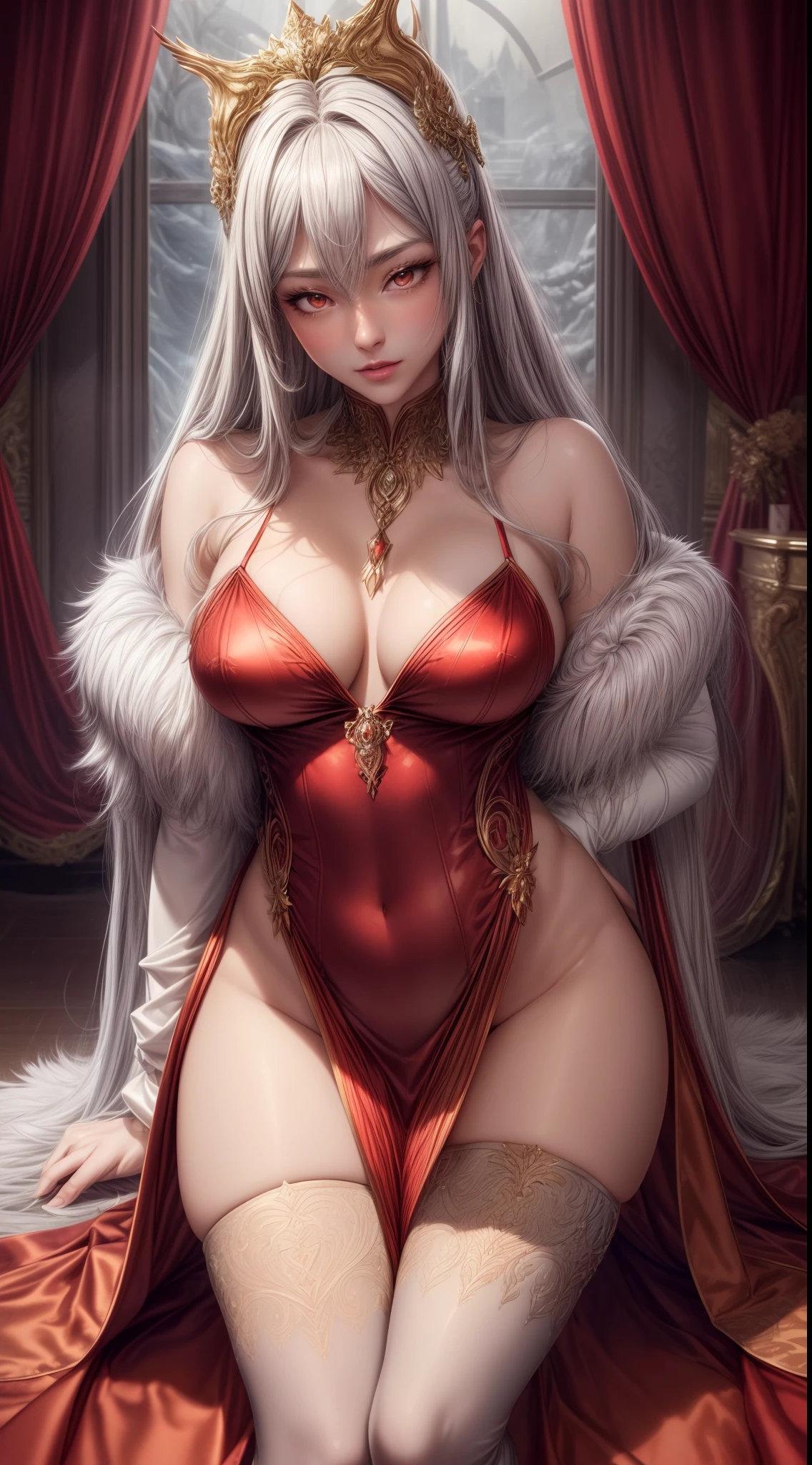 silver goddess in flame-red fluffy cloth with golden lines accents, satin, fur, (stockings), decollete, natural breasts, slim body, dark grayed skin, zettai ryouiki, medium length hair, beautiful detailed white eyes, portrait, most realistic, highest quality, best pixels, 8k ultra