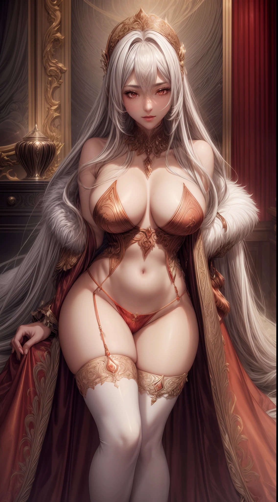 silver goddess in flame-red fluffy cloth with golden lines accents, satin, fur, (stockings), decollete, natural breasts, slim body, dark grayed skin, zettai ryouiki, medium length hair, beautiful detailed white eyes, portrait, most realistic, highest quality, best pixels, 8k ultra