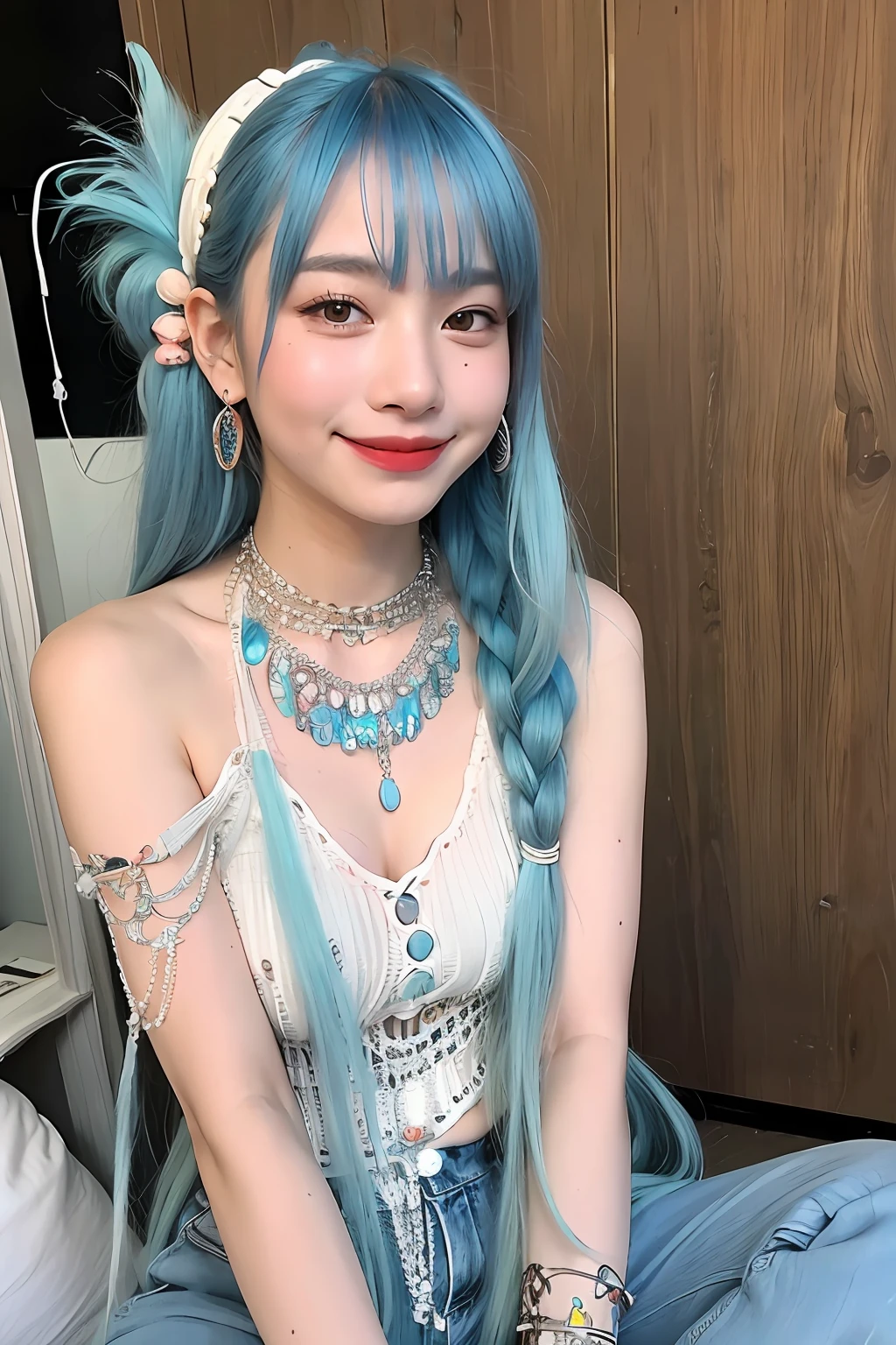 (extra detailed body、extra detailed face、best qualtiy:1.2)、femele、looking at the viewers、(lightblue hair、Flashy clothes、13years、A smile、Feather piercings down to below the shoulders、hippy、hair adornments、Fancy Necklaces、bell-bottoms)、(woodstock:1.4)