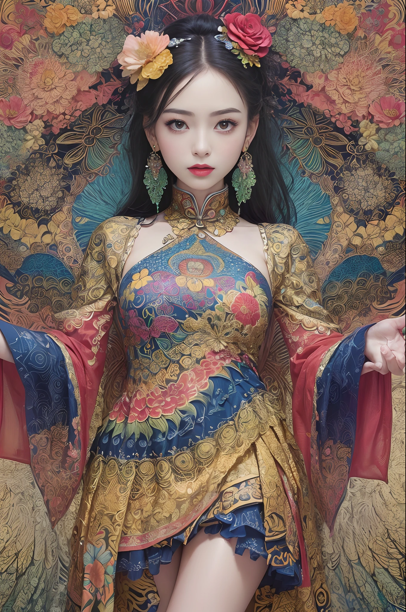 (masterpiece, top quality, best quality, official art, beautiful and aesthetic:1.2), (1girl:1.3), extremely detailed,(fractal art:1.1),(colorful:1.1)(flowers:1.3),highest detailed,(zentangle:1.2), (dynamic pose), (abstract background:1.3), (chinese dress:1.2), (shiny skin), (many colors:1.4), ,(earrings:1.4),
