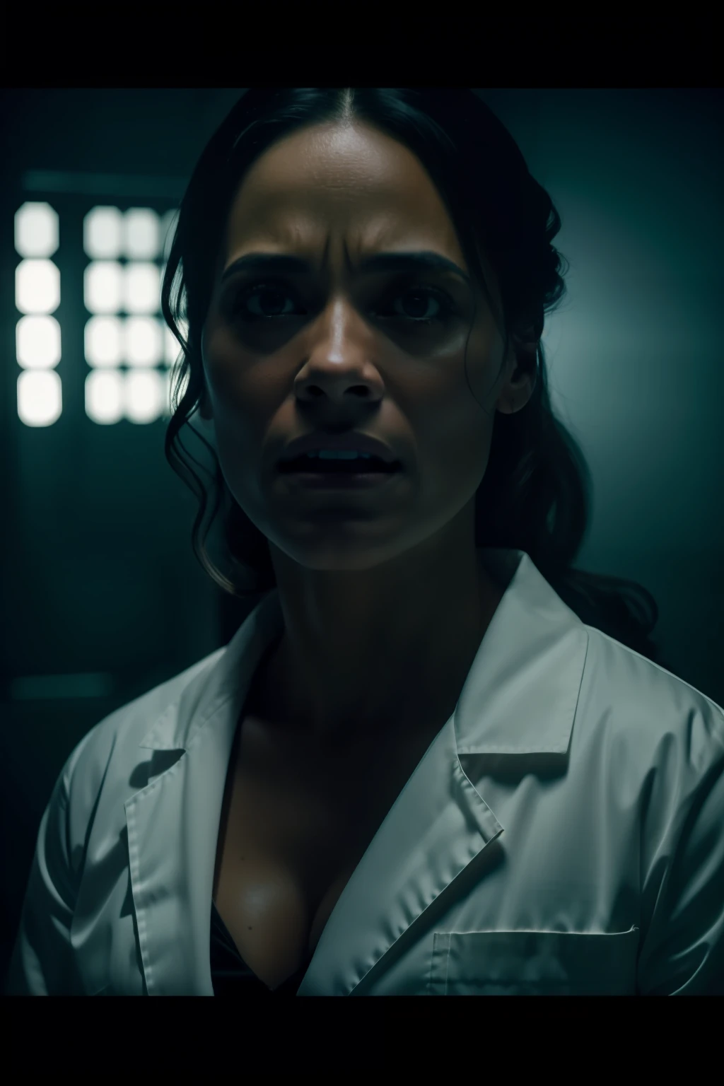 Sci Fi Horror terrified Paula patton as a scientist working on Haunted Ishimura photography, natural light, photorealism, cinematic rendering, ray tracing, the highest quality, the highest detail, Cinematic, Third-Person View, Blur Effect, Long Exposure, 8K, Ultra-HD, Natural Lighting, Moody Lighting, Cinematic Lighting