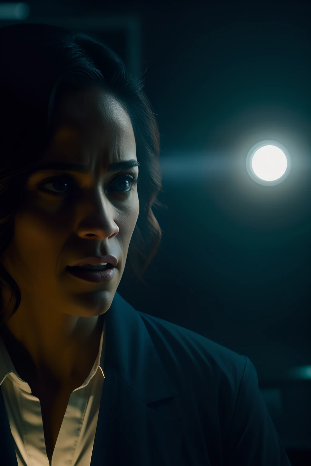 Sci Fi Horror terrified Paula patton as a scientist working on Haunted Ishimura photography, natural light, photorealism, cinematic rendering, ray tracing, the highest quality, the highest detail, Cinematic, Third-Person View, Blur Effect, Long Exposure, 8K, Ultra-HD, Natural Lighting, Moody Lighting, Cinematic Lighting