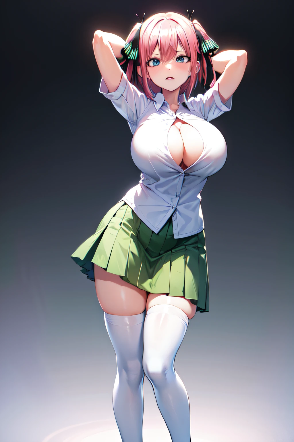 masterpiece, best quality, highres, Nakano nino, 1girl, solo, pink hair, short hair, busty, butterfly hair ornament, large breasts, cleavage, green skirt, white shirt, collared shirt, open clothes, black thighhighs, short sleeves, skirt lift, looking at viewer, annoyed, blush, full body, standing, simple background, arms behind head, (erotic pose:1.4)