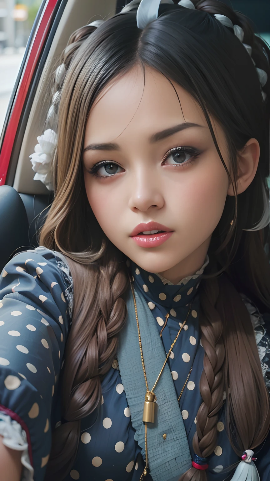 com cabelo comprido olhos castanhos escuro em um carro com uma flor em seu cabelo, Arte no estilo de Guweiz, kawaii retrato realista, anime hiper realista, Guweiz, uma aluna hiperrealista, Modelo IG | Artgerm, arte de anime realista, pintura realista da meninao, estilo de arte fotorrealista, photorealistic anime girl rendering, anime fotorrealista