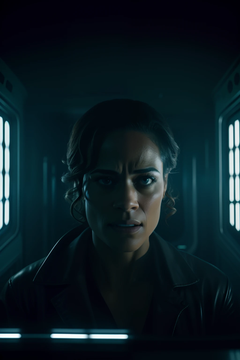 Sci Fi Horror terrified Paula patton as a scientist working on Haunted Space Ship photography, natural light, photorealism, cinematic rendering, ray tracing, the highest quality, the highest detail, Cinematic, Third-Person View, Blur Effect, Long Exposure, 8K, Ultra-HD, Natural Lighting, Moody Lighting, Cinematic Lighting
