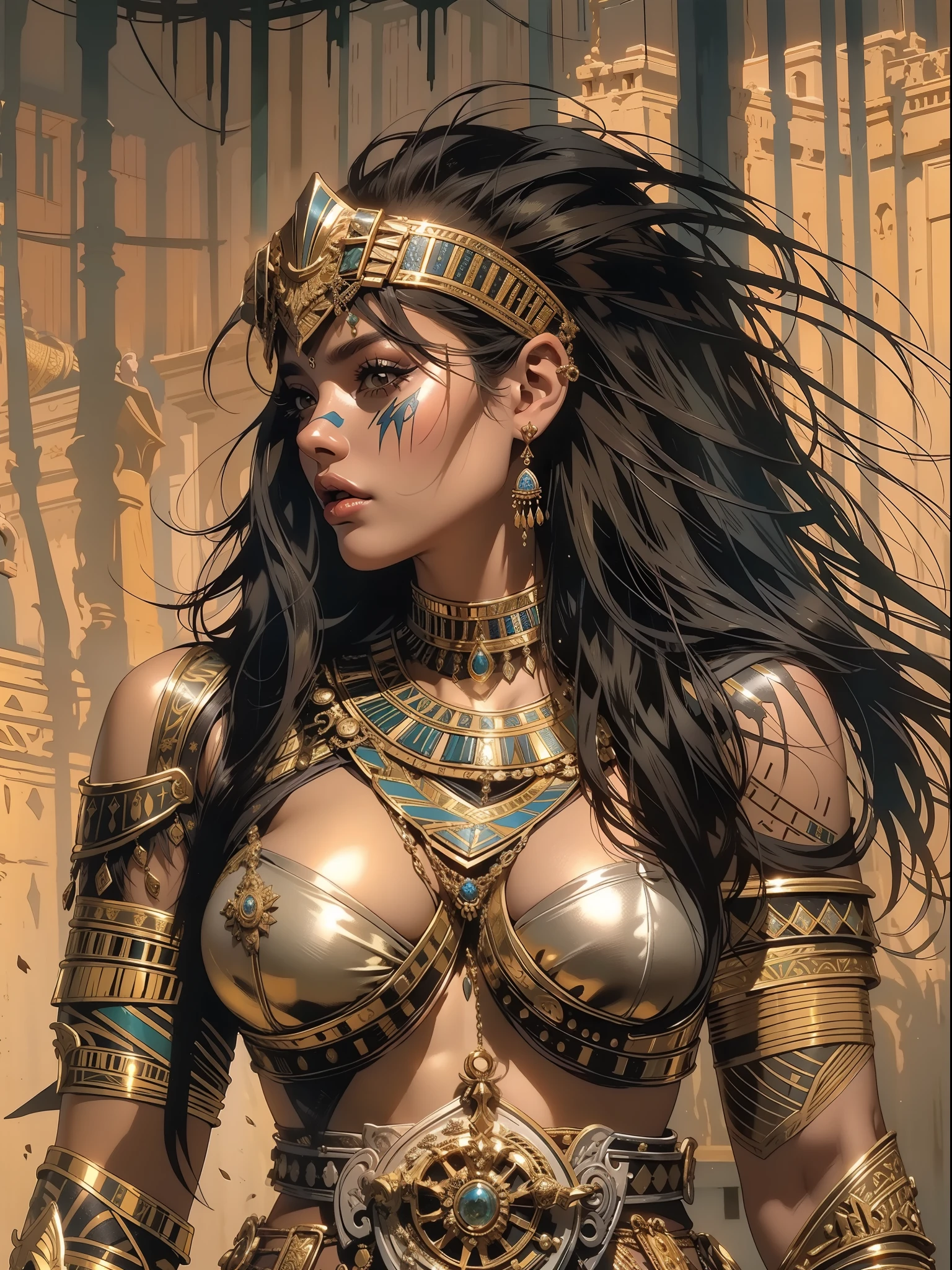 (((mulher))), (((melhor qualidade))), (((obra prima))), (((adulta))), Uma guerreira mulher de 35 anos com corpo perfeito, Egyptian Gladiator, (( under  )), quase nua no estilo selvagem urbano de Simon Bisley para a capa da revista Heavy Metal, cabelo preto liso, Minimum clothing, golden ornaments, many jewelry, armadura, cheio de pontas e rebites, tatuagem tribal, (((do joelho pra cima))), cabelo liso escorrido