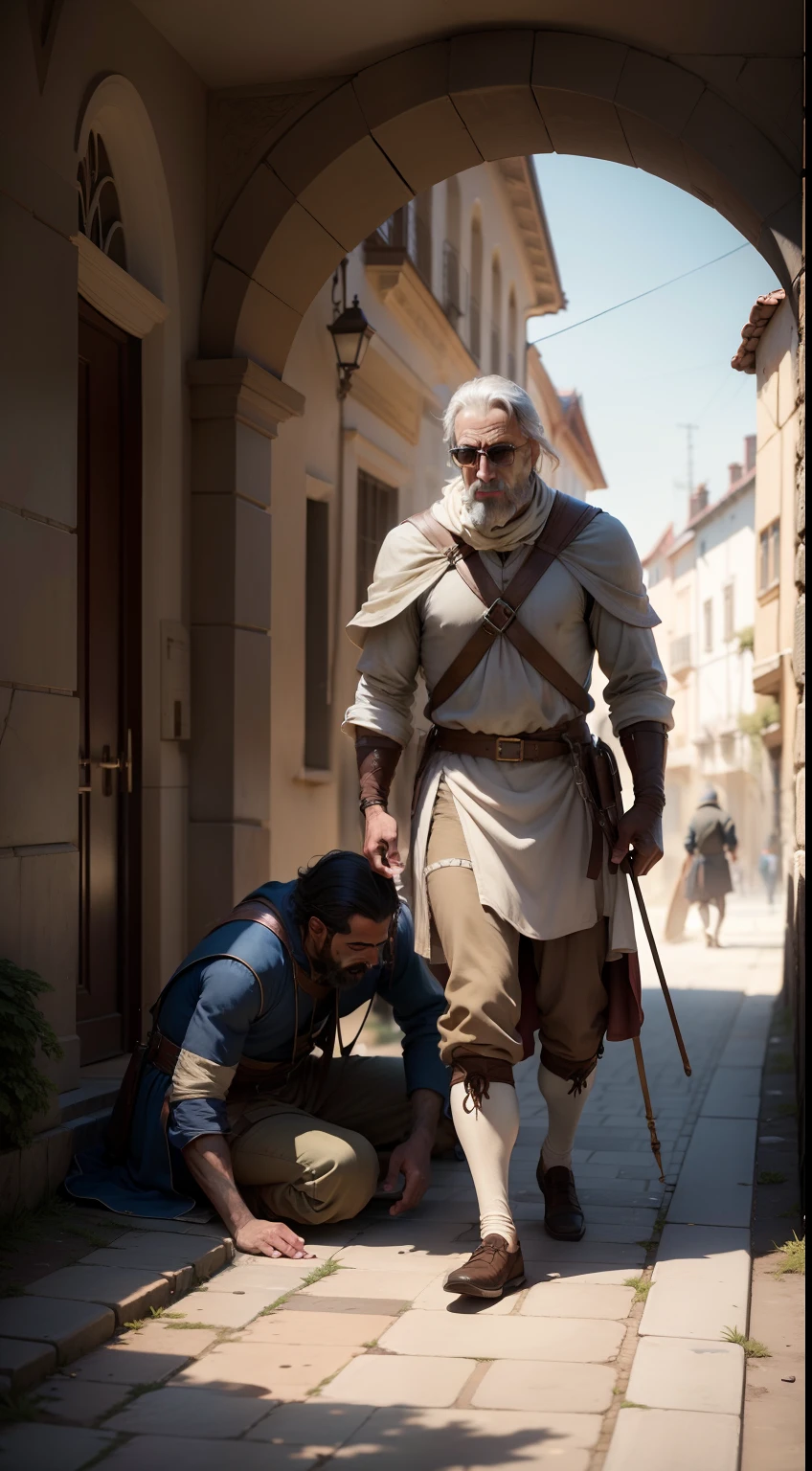 A foreign Samaritan walks beside a sidewalk and helps a man who is lying on the ground, antiguidade, Tempos medievais, Very high detail, 8k