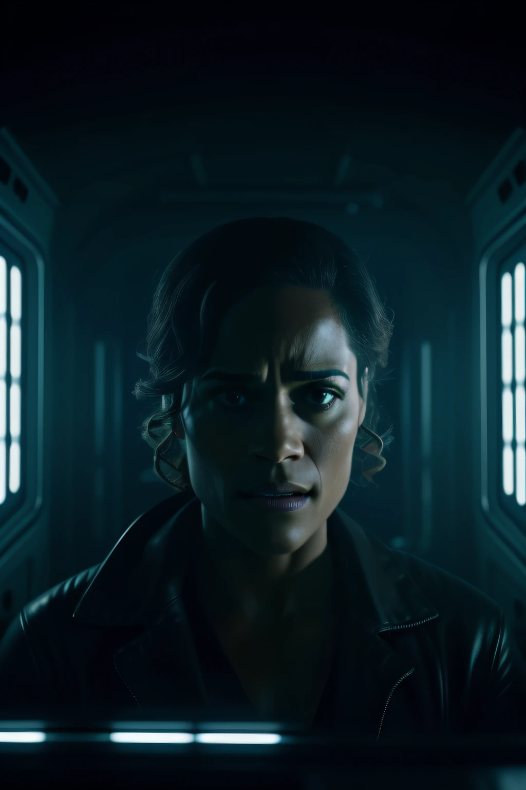 Sci Fi Horror terrified Paula patton as a scientist working on Haunted Space Ship photography, natural light, photorealism, cinematic rendering, ray tracing, the highest quality, the highest detail, Cinematic, Third-Person View, Blur Effect, Long Exposure, 8K, Ultra-HD, Natural Lighting, Moody Lighting, Cinematic Lighting