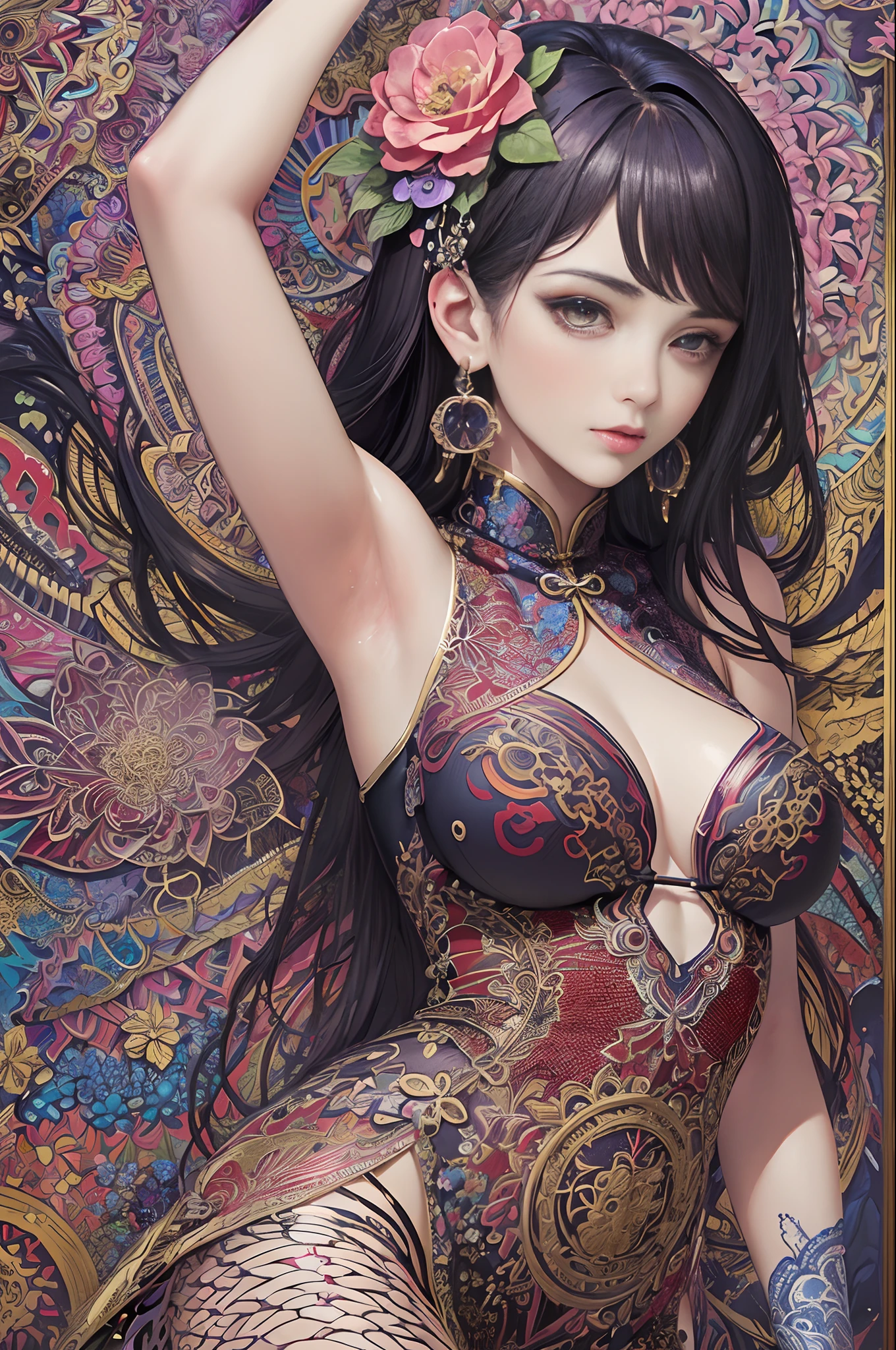(masterpiece, top quality, best quality, official art, beautiful and aesthetic:1.2), (1girl:1.3), extremely detailed,(fractal art:1.1),(colorful:1.1)(flowers:1.3),highest detailed,(zentangle:1.2), (dynamic pose), (abstract background:1.3), (chinese dress:1.2), (shiny skin), (many colors:1.4), ,(earrings:1.4),