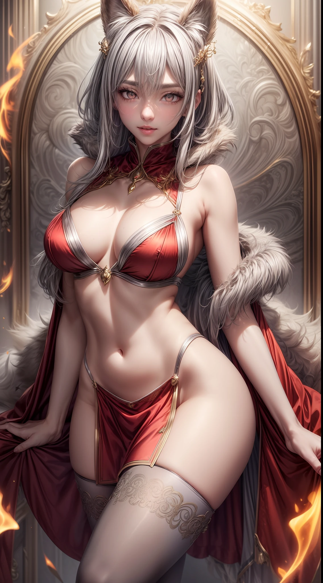silver goddess in flame-red garb with golden lines accents, satin, fur, (stockings), decollete, natural breasts, slim body, (((grey skin))), zettai ryouiki, medium length hair, ((bright silver eyes)) beautiful detailed eyes, portrait, most realistic, highest quality, best pixels, 8k ultra