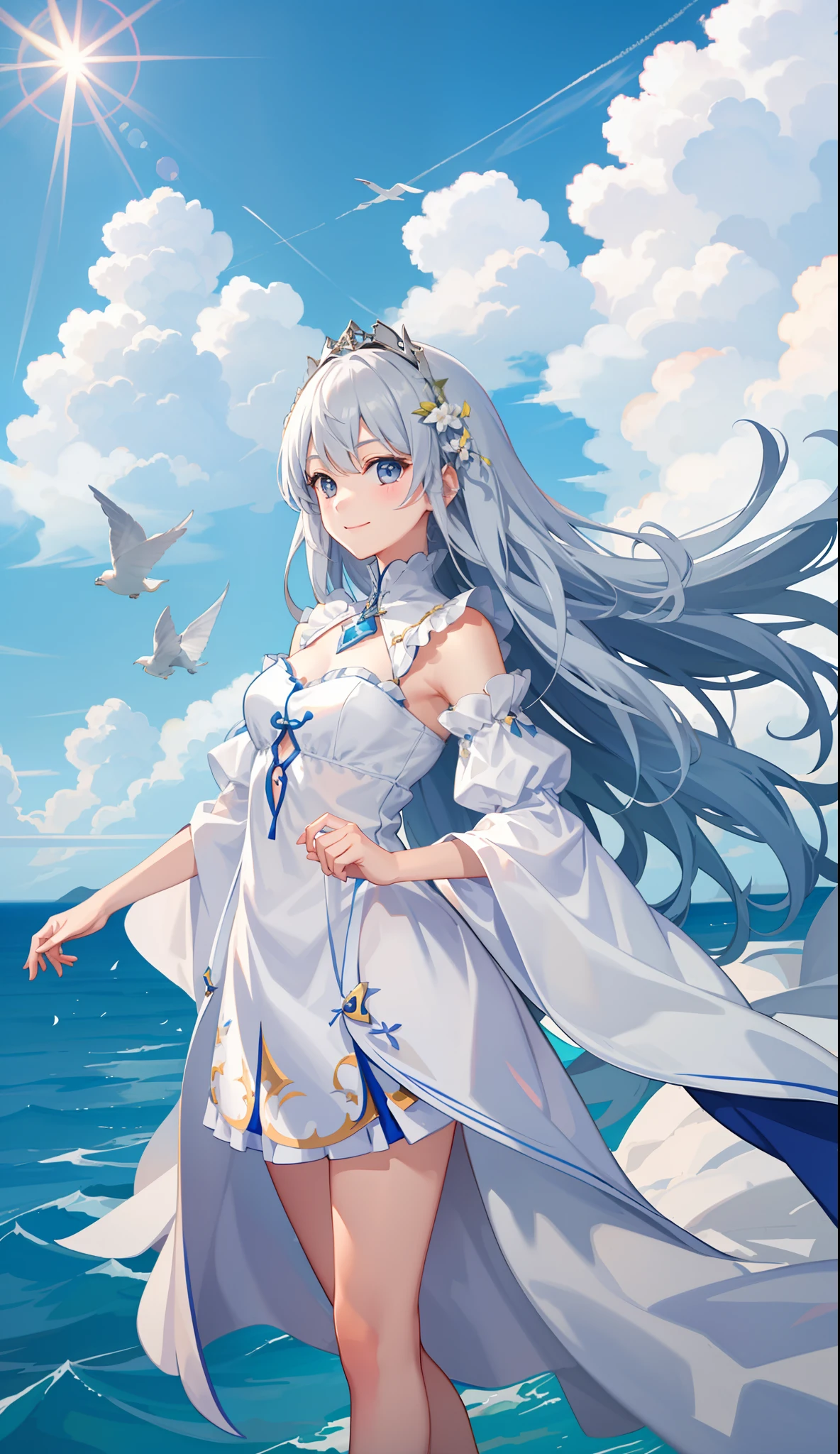 1girl in、A smile、A delightful! robe blanche、Wind Fairy、the wind、mare、suns、